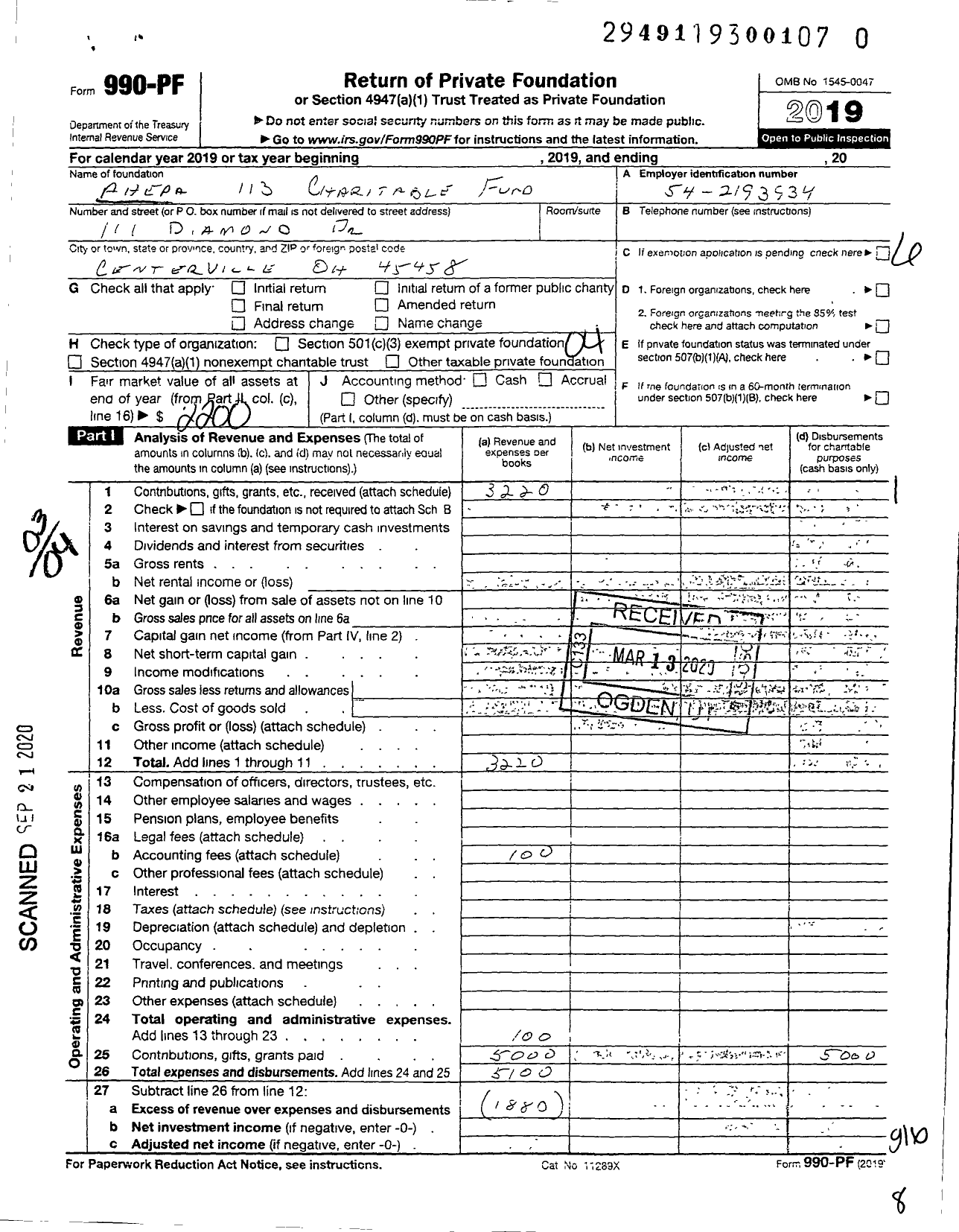 Image of first page of 2019 Form 990PR for Ahepa 113 Charitable Fund