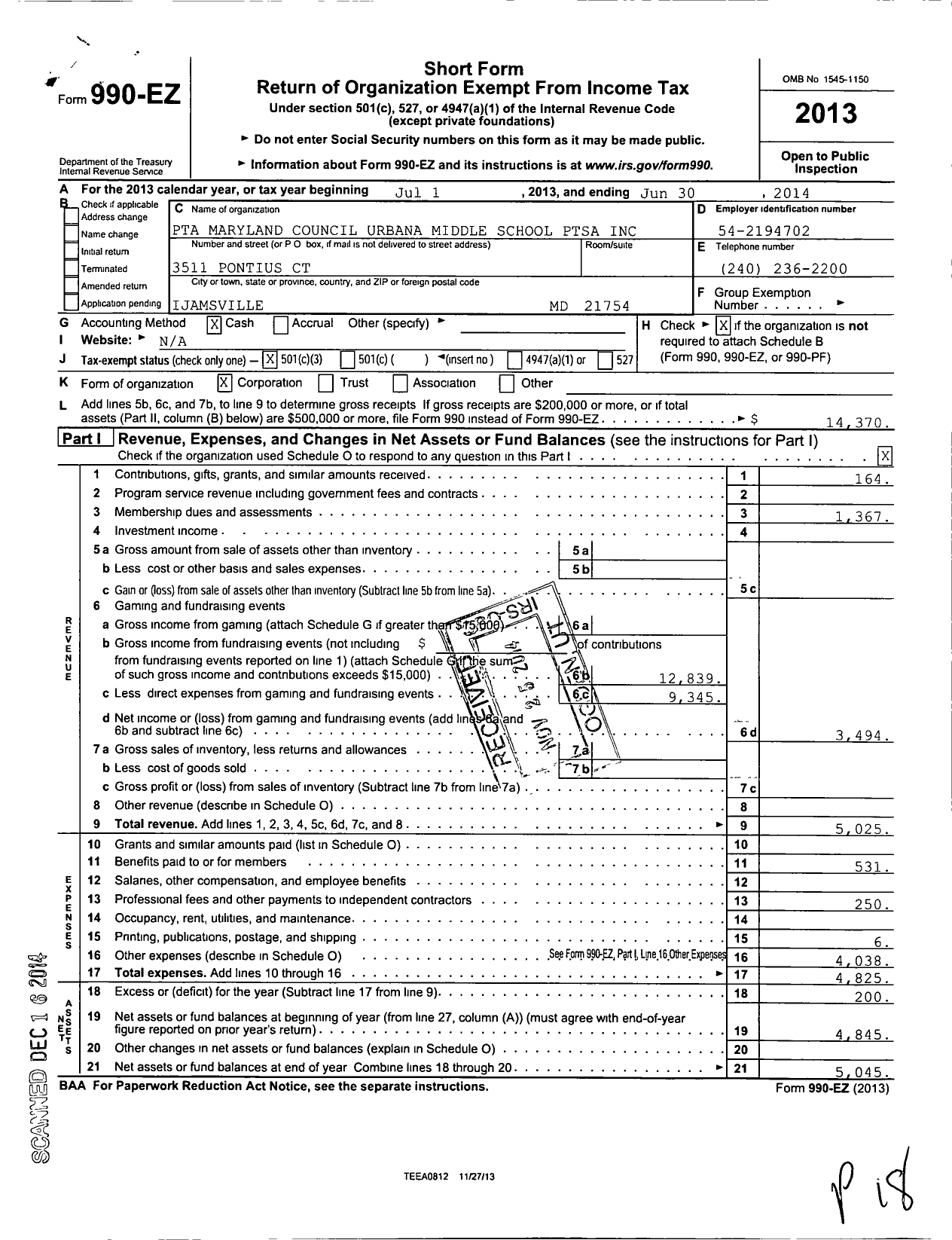 Image of first page of 2013 Form 990EZ for PTA Delaware Congress / Urbana Middle School