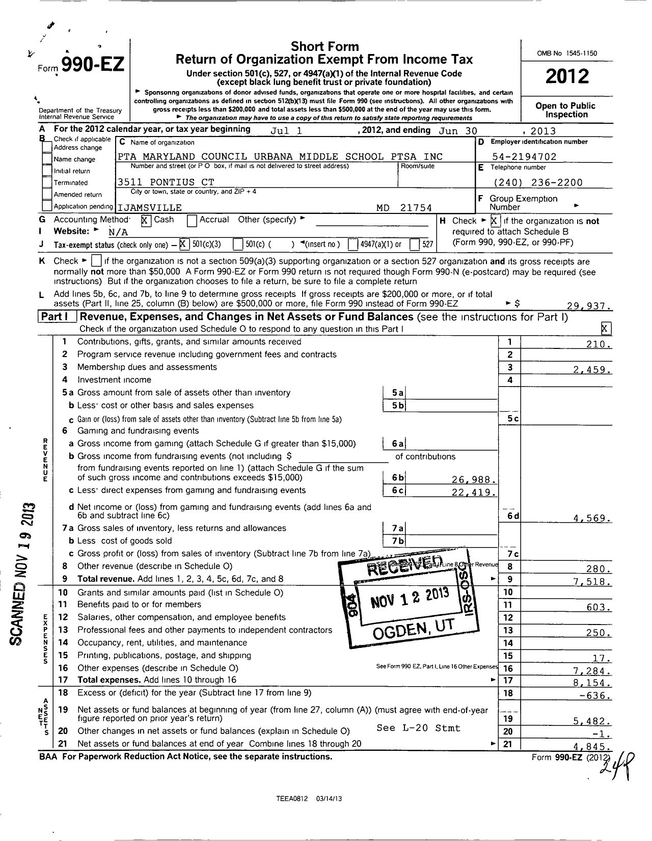 Image of first page of 2012 Form 990EZ for PTA Delaware Congress / Urbana Middle School