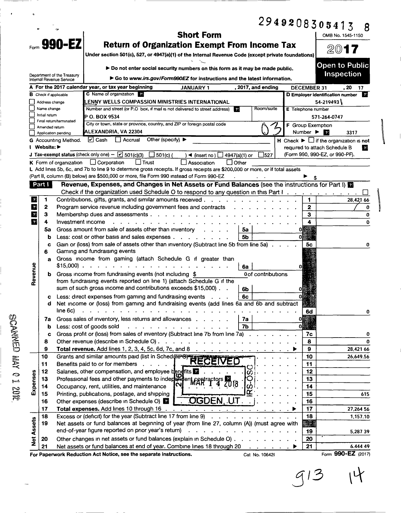 Image of first page of 2017 Form 990EZ for Lenny Wells Compassion Ministries International