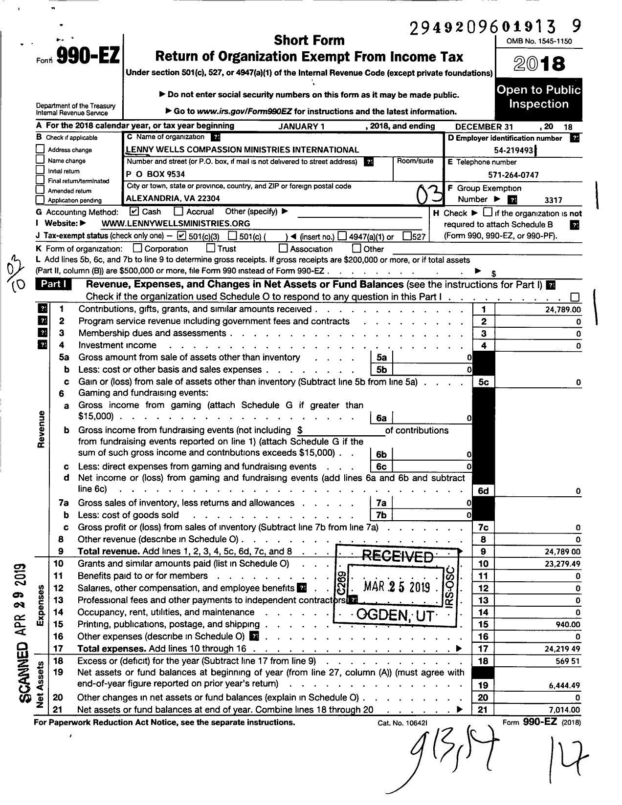 Image of first page of 2018 Form 990EZ for Lenny Wells Compassion Ministries International