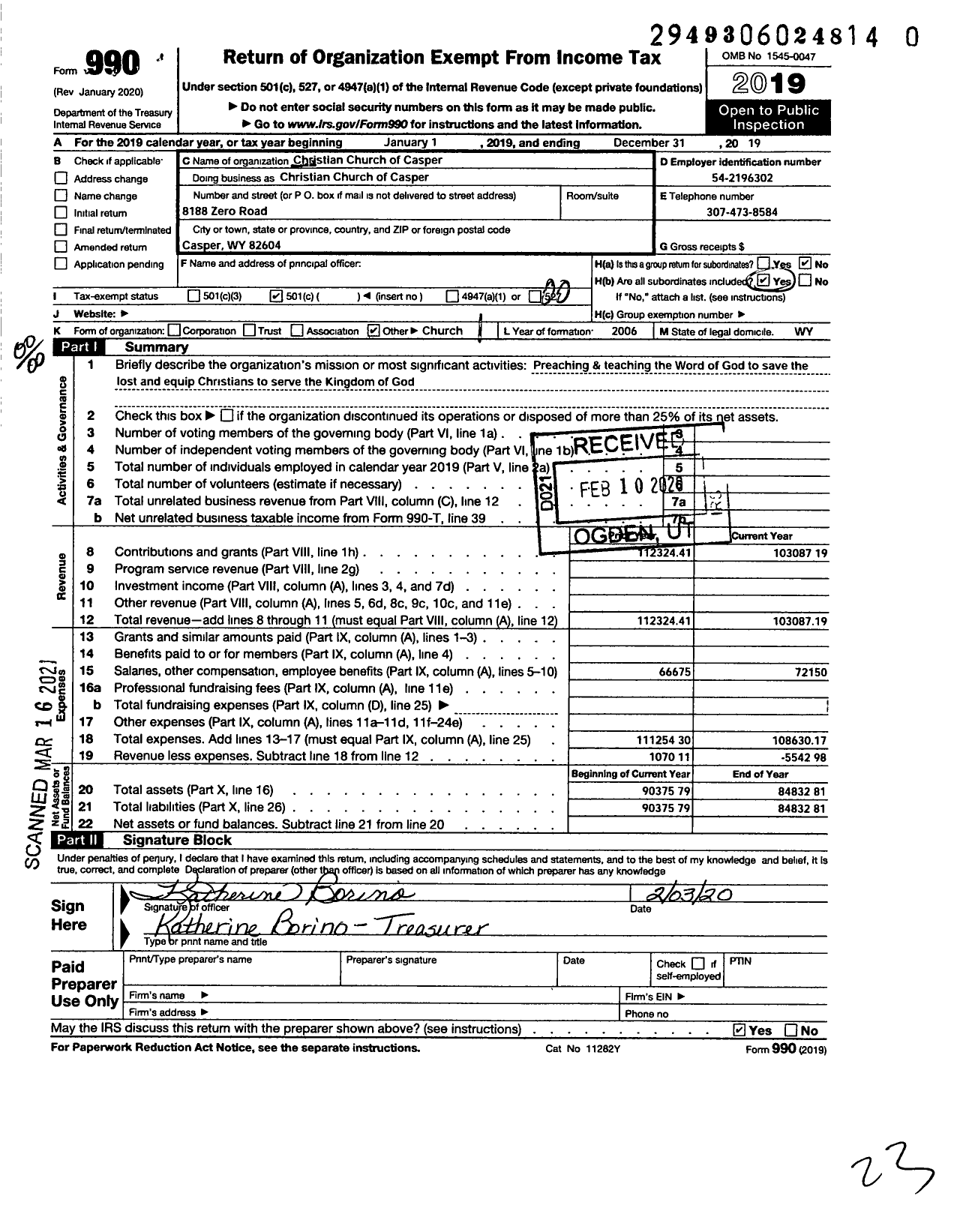 Image of first page of 2019 Form 990O for Christian Church of Casper