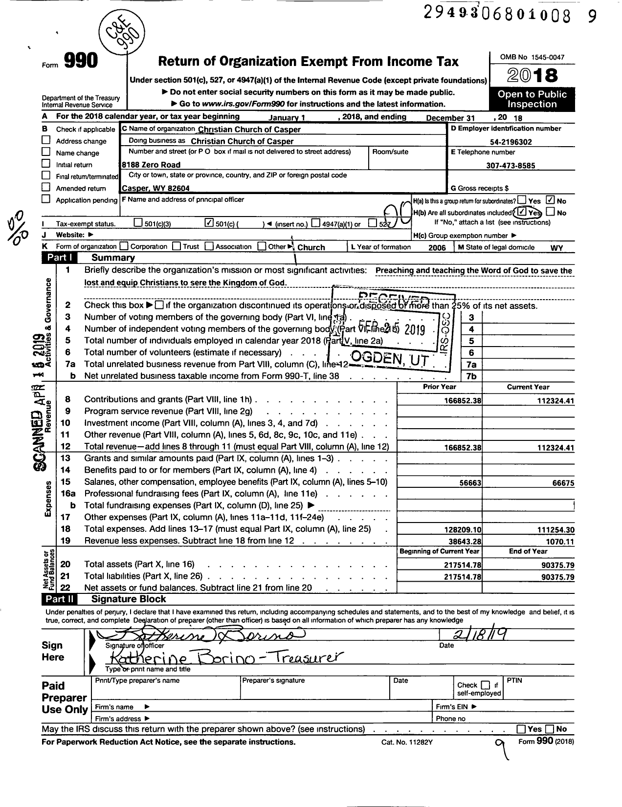 Image of first page of 2018 Form 990O for Christian Church of Casper