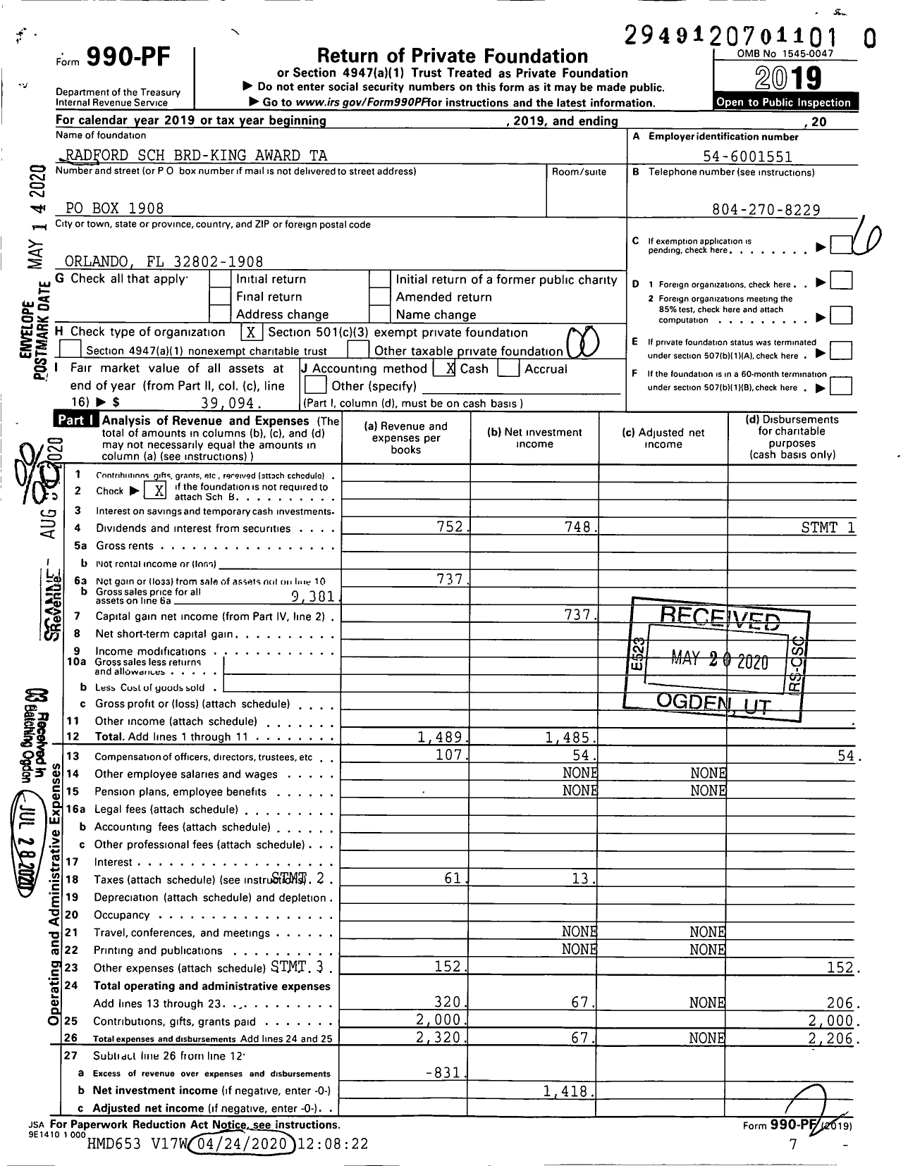 Image of first page of 2019 Form 990PR for Radford SCH Brd-King Award Ta