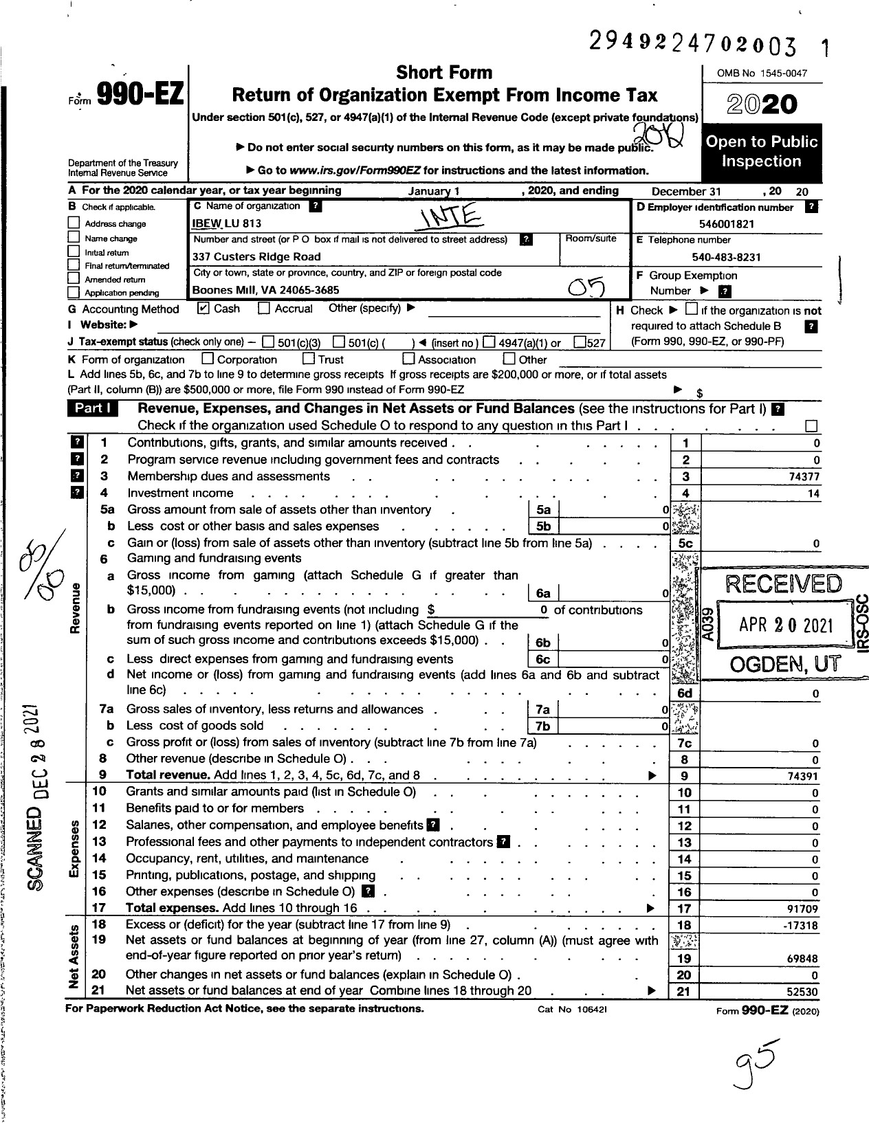 Image of first page of 2020 Form 990EO for International Brotherhood of Electrical Workers - 813 Local Union