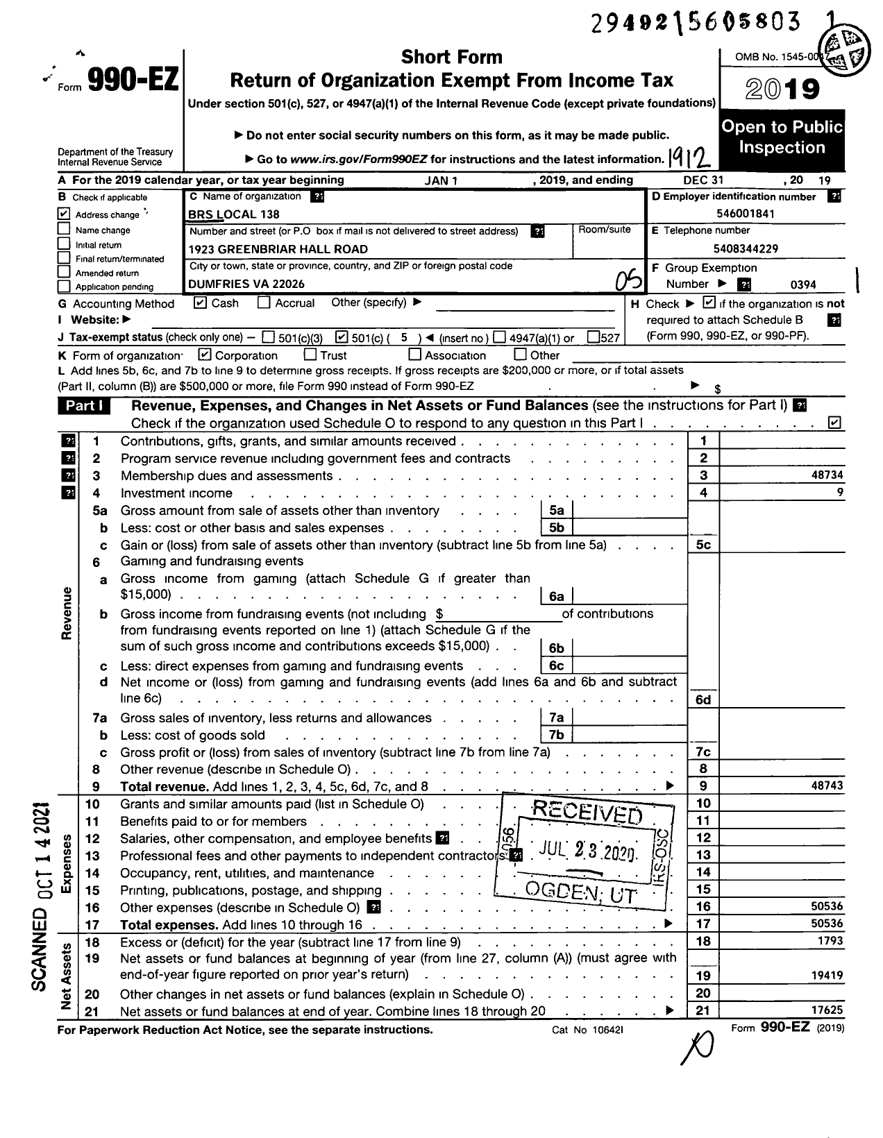 Image of first page of 2019 Form 990EO for BROTHERHOOD OF RAILROAD SIGNALMEN - 138 Buchanan Local