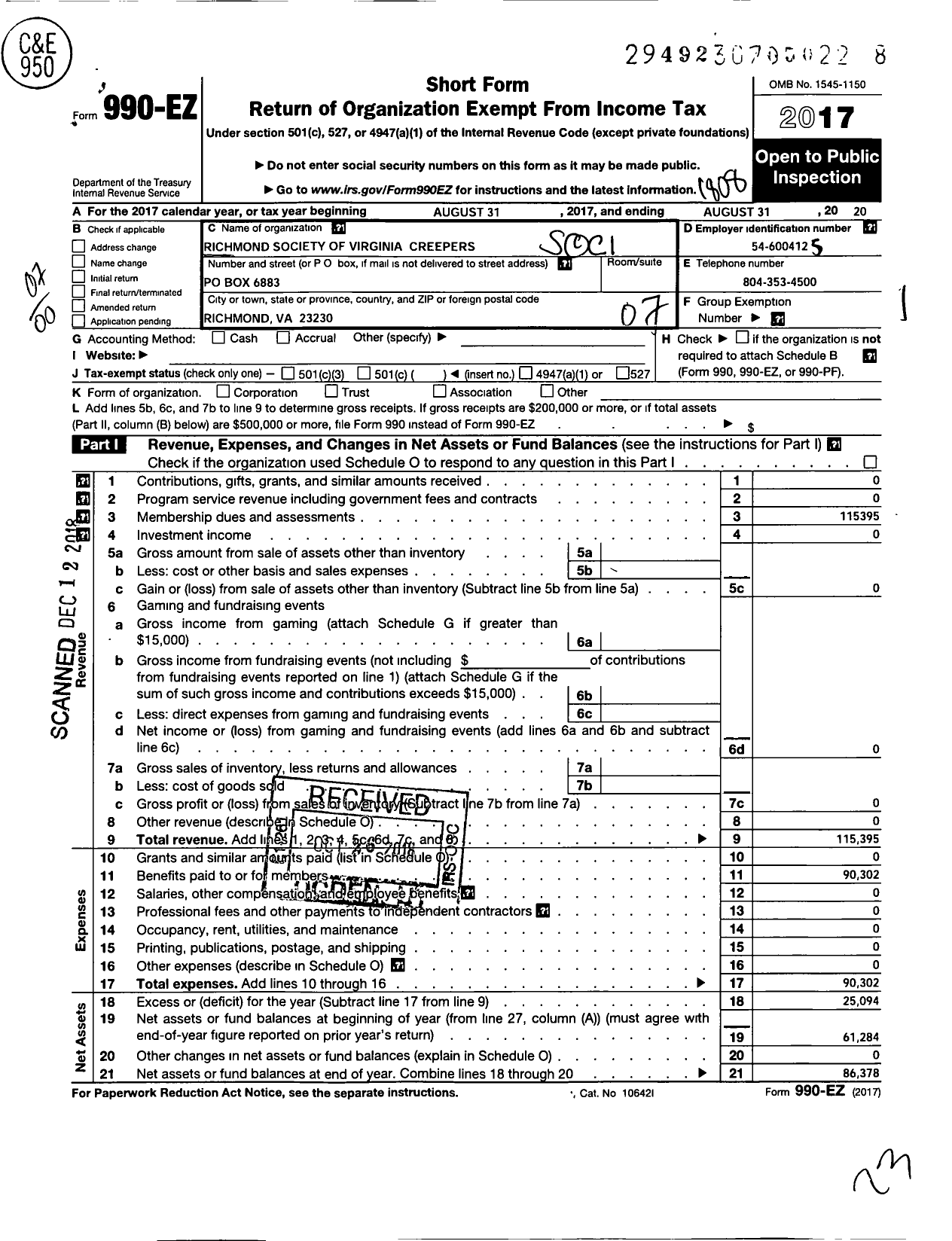 Image of first page of 2017 Form 990EO for Society of Virginia Creepers