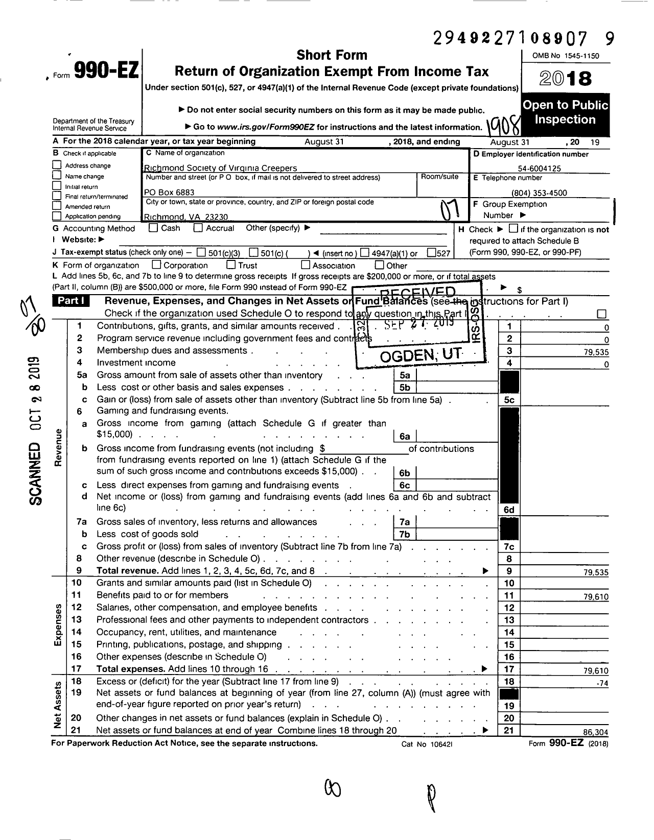 Image of first page of 2018 Form 990EO for Society of Virginia Creepers