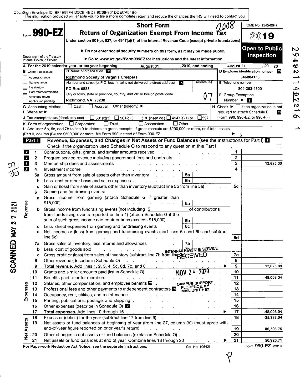 Image of first page of 2019 Form 990EO for Society of Virginia Creepers