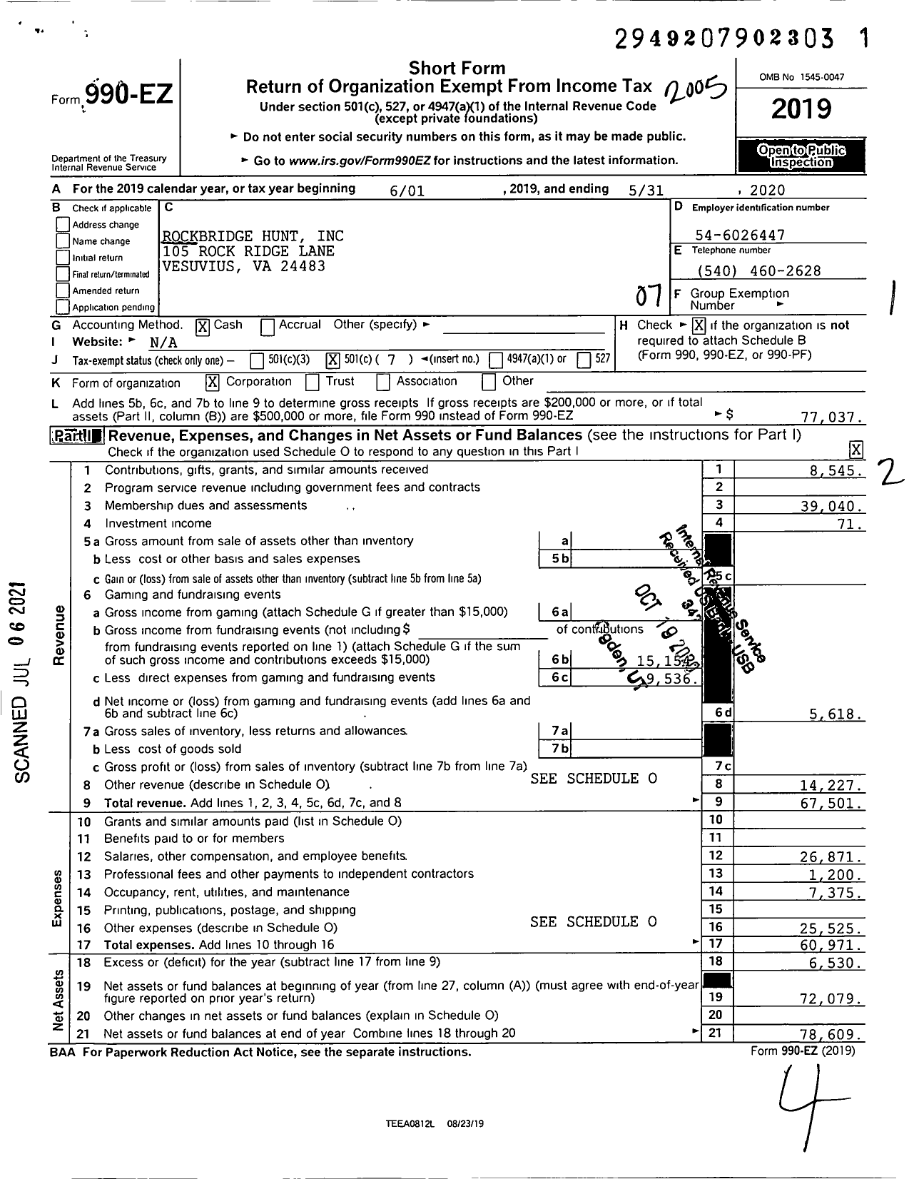 Image of first page of 2019 Form 990EO for Rockbridge Hunt