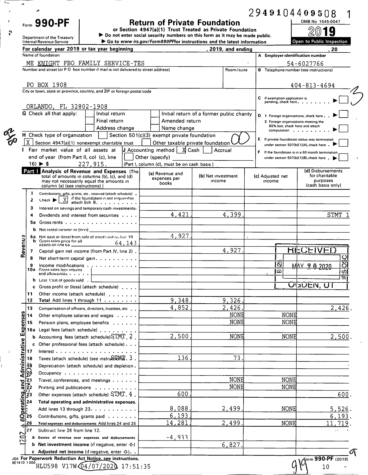 Image of first page of 2019 Form 990PF for Me Knight Fbo Family Service-Tes