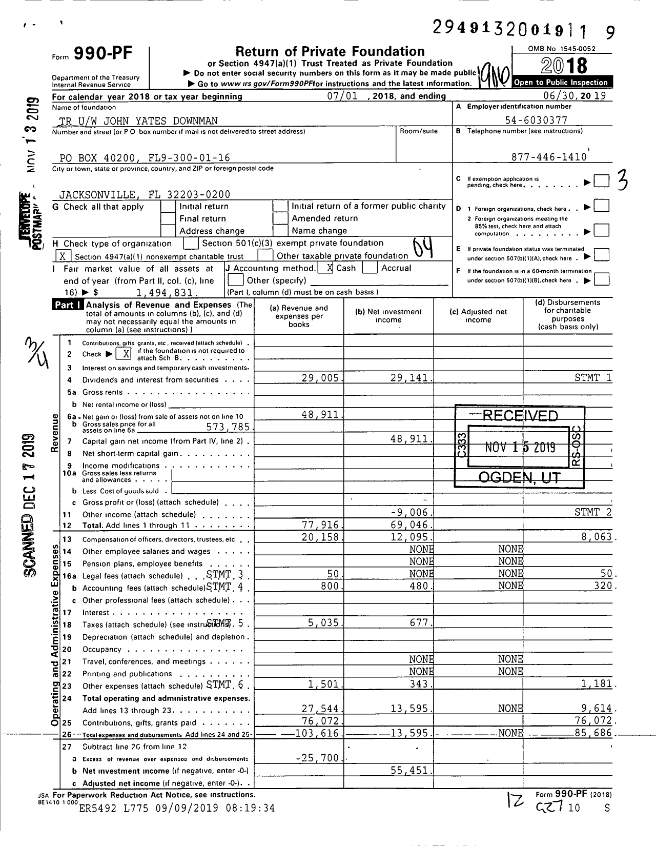 Image of first page of 2018 Form 990PF for TR Uw John Yates Downman