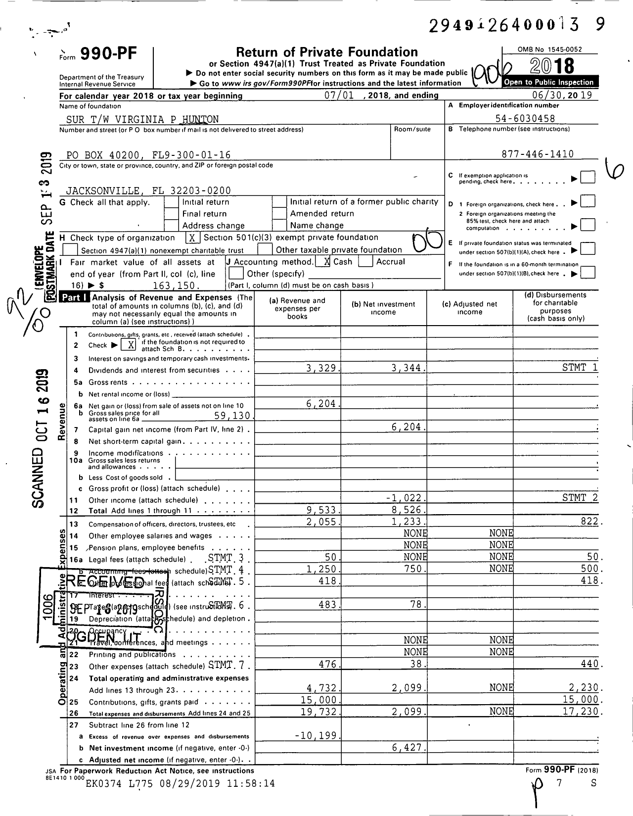 Image of first page of 2018 Form 990PF for Sur TW Virginia P Hunton