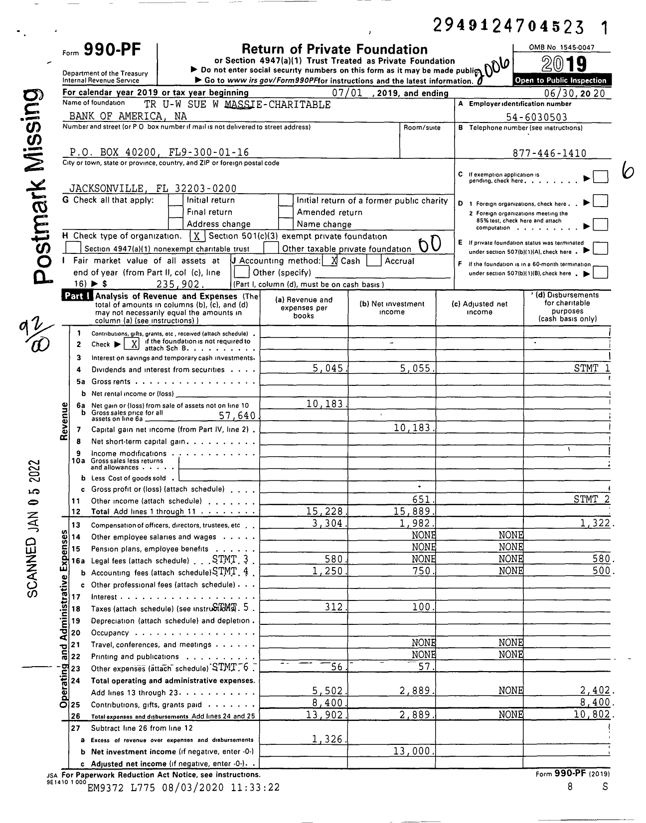 Image of first page of 2019 Form 990PF for TR U-W Sue W Massie-Charitable