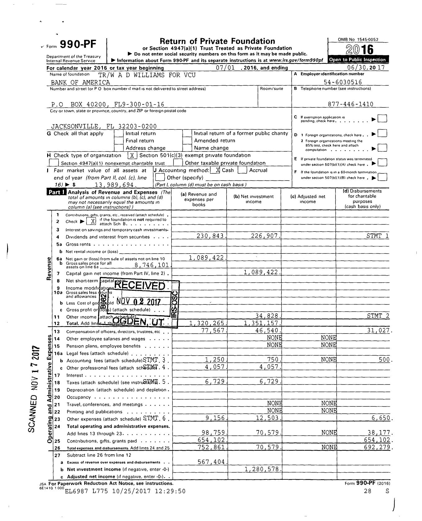 Image of first page of 2016 Form 990PF for TRW A D Williams for Vcu