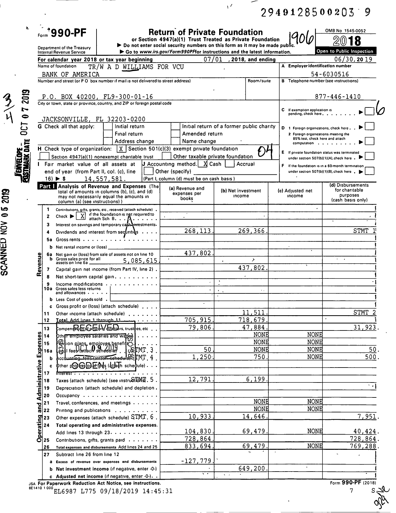 Image of first page of 2018 Form 990PF for TRW A D Williams for Vcu