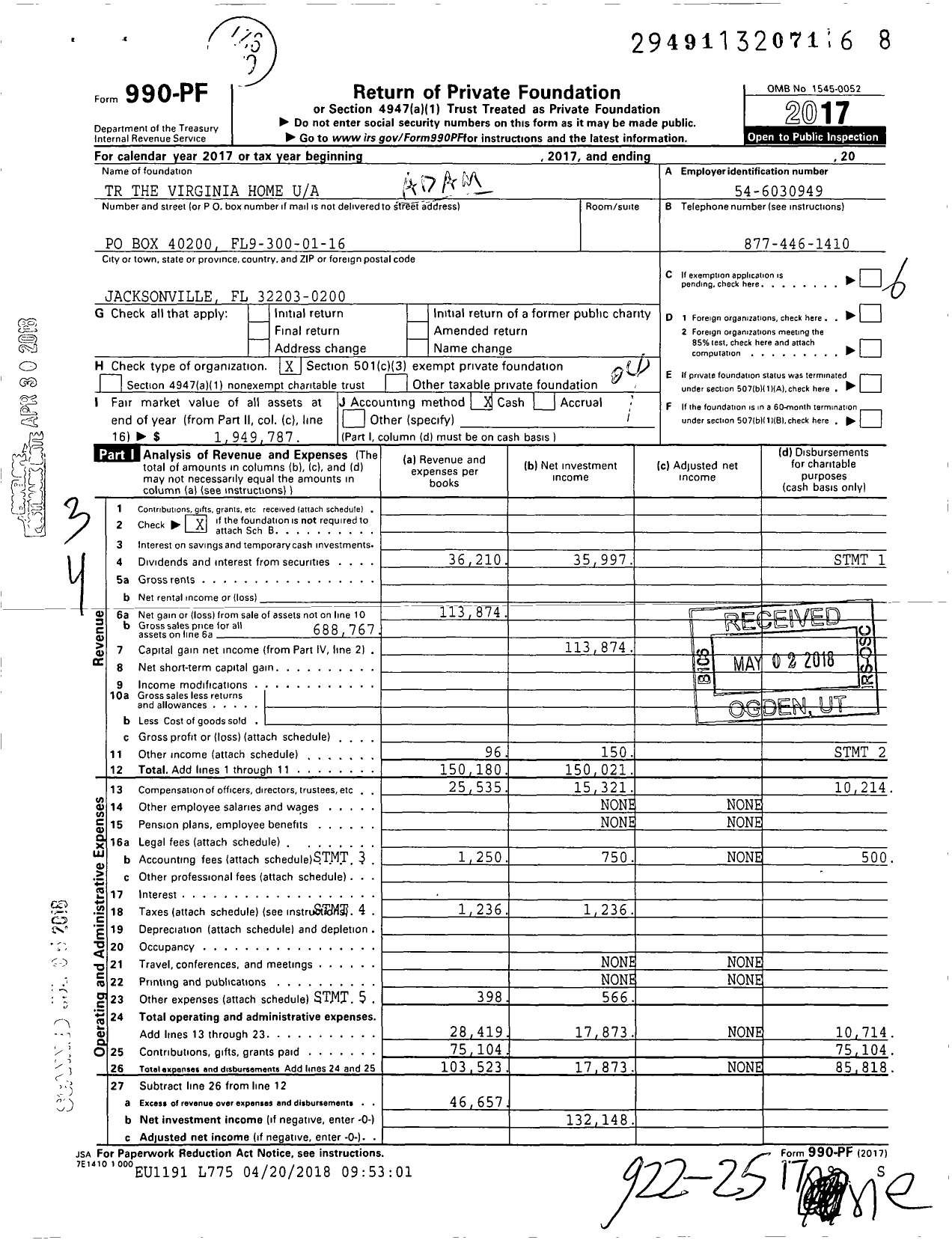Image of first page of 2017 Form 990PF for TR the Virginia Home
