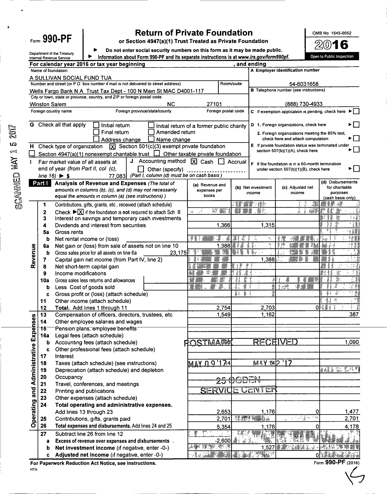 Image of first page of 2016 Form 990PF for A Sullivan Social Fund Tua