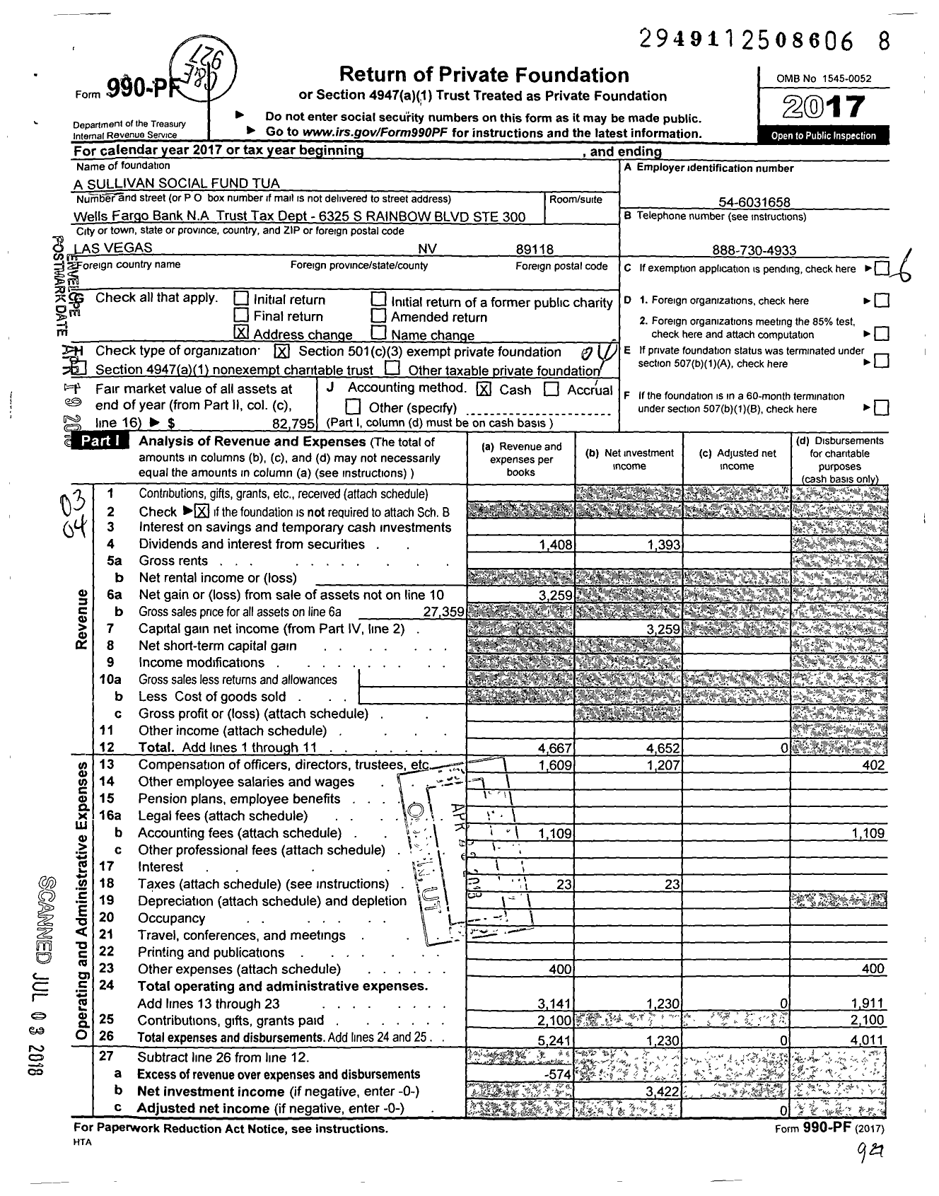 Image of first page of 2017 Form 990PF for A Sullivan Social Fund Tua