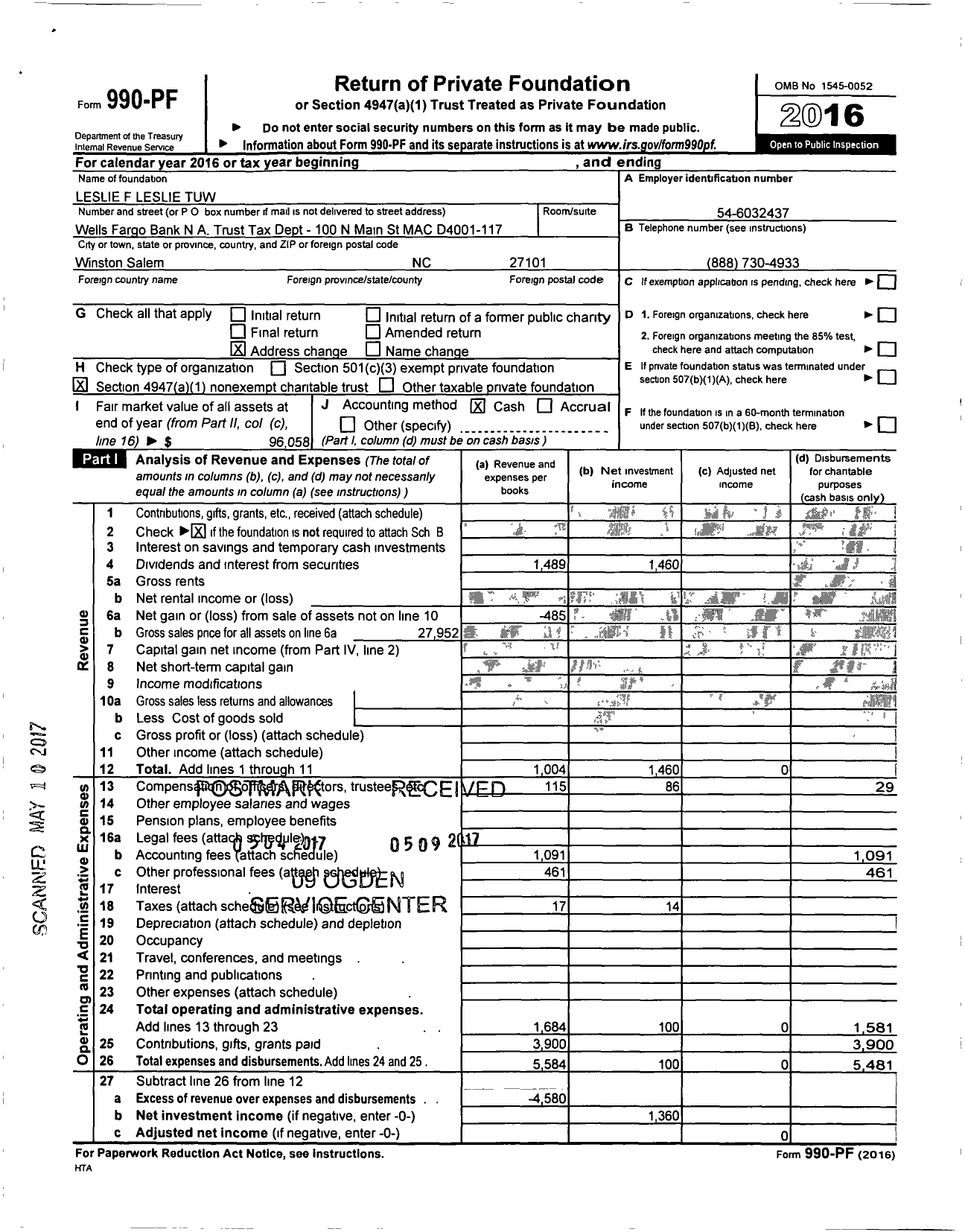 Image of first page of 2016 Form 990PF for Leslie F Leslie Tuw