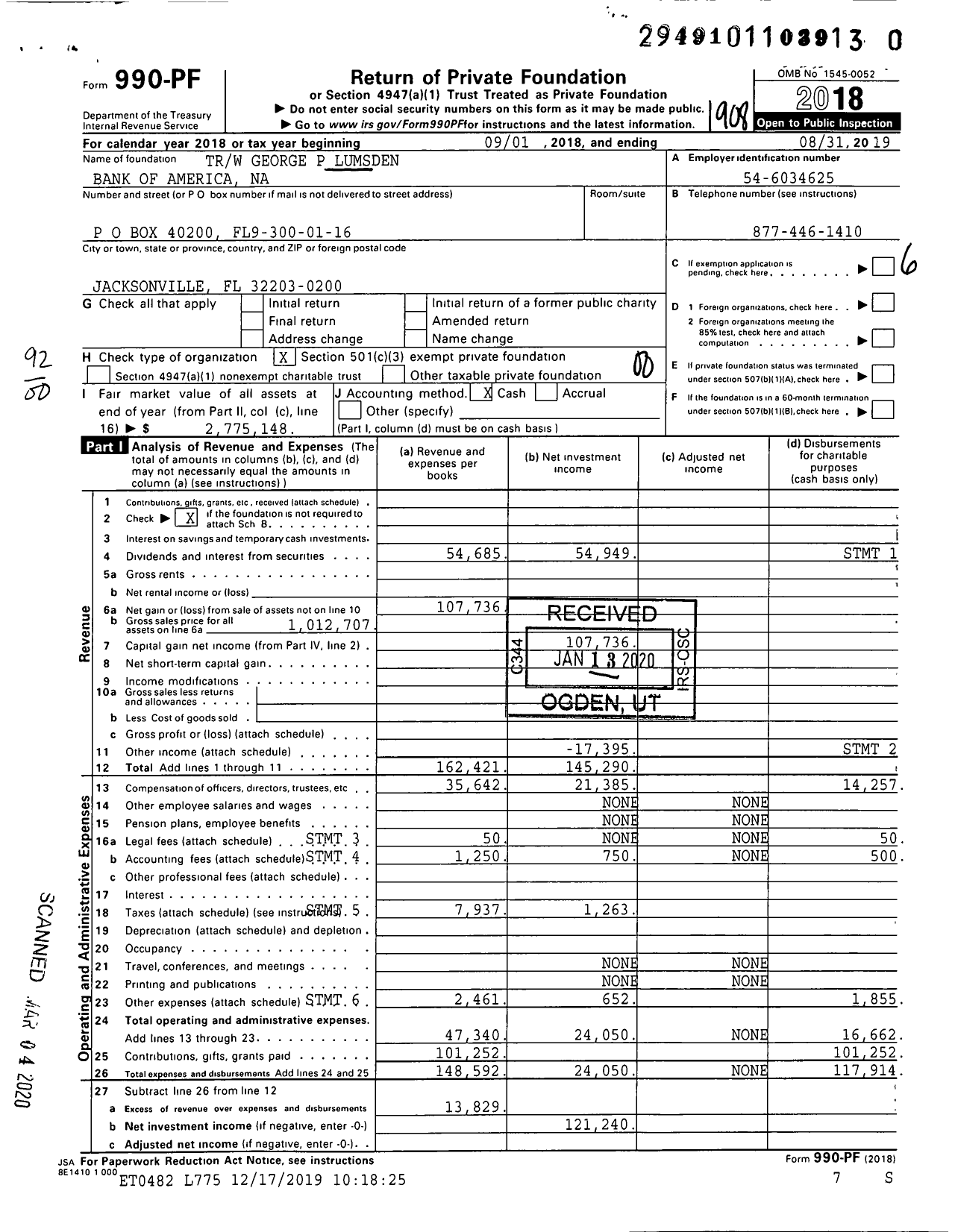 Image of first page of 2018 Form 990PR for TRW George P Lumsden