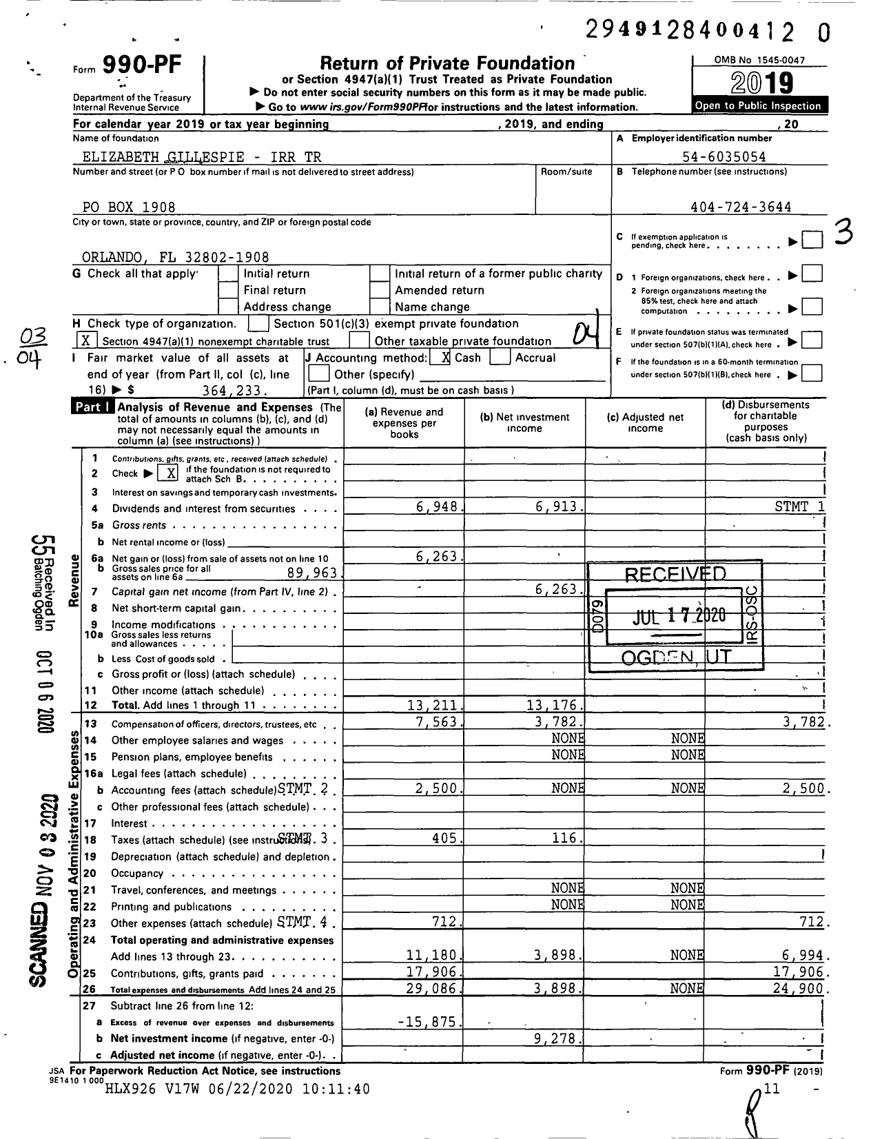 Image of first page of 2019 Form 990PF for Elizabeth Gillespie - Irr Trust