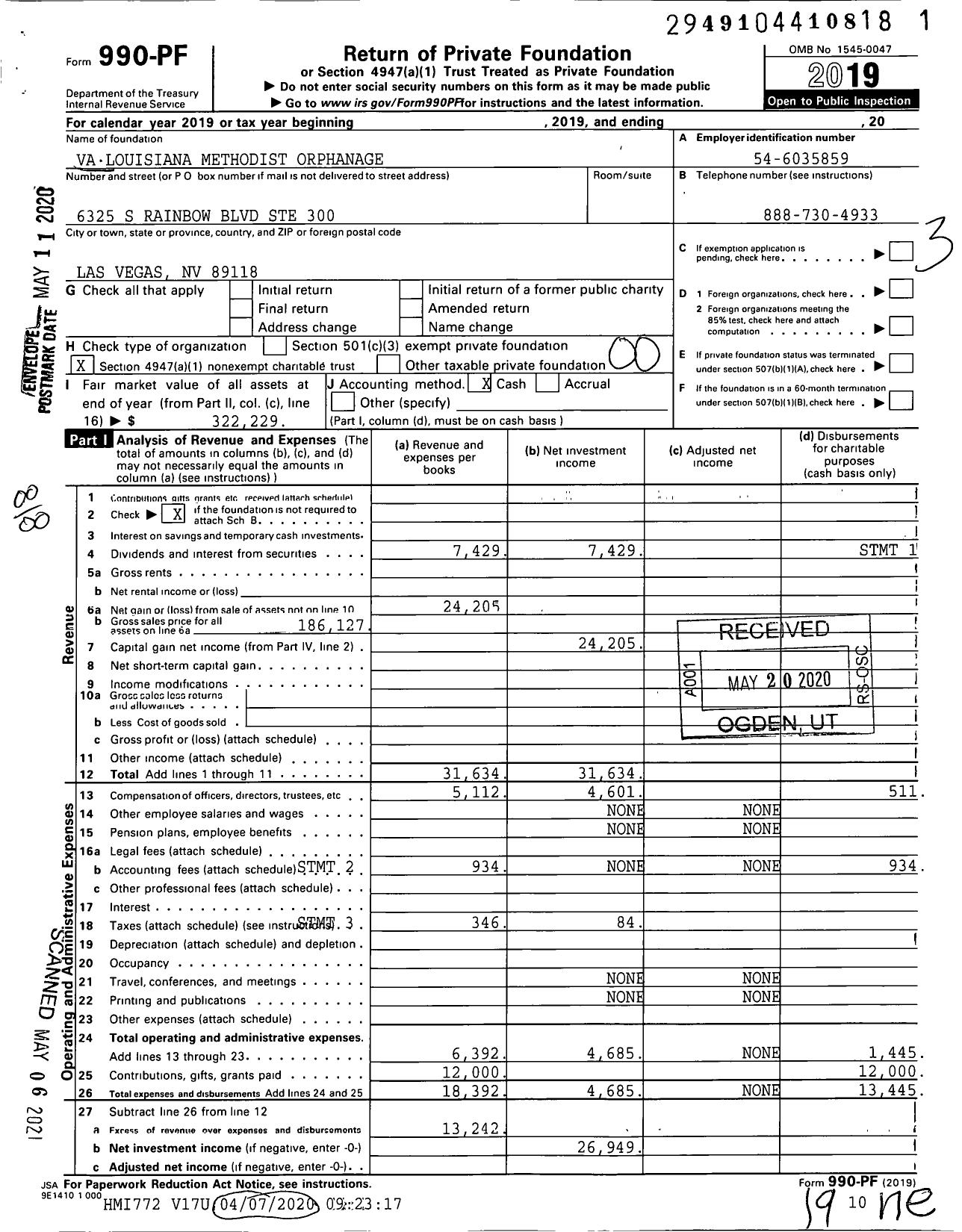 Image of first page of 2019 Form 990PF for Va Louisiana Methodist Orphanage