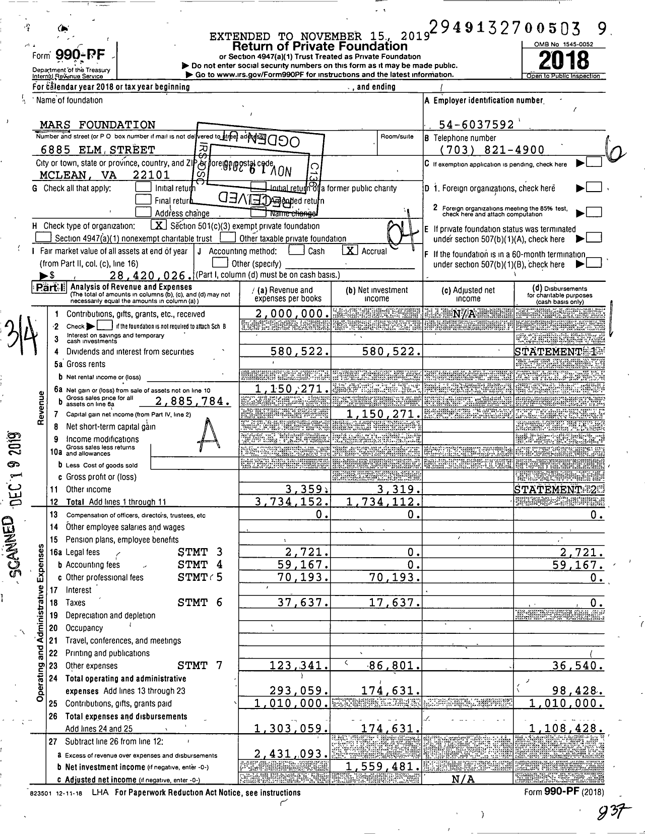 Image of first page of 2018 Form 990PF for Mars Foundation