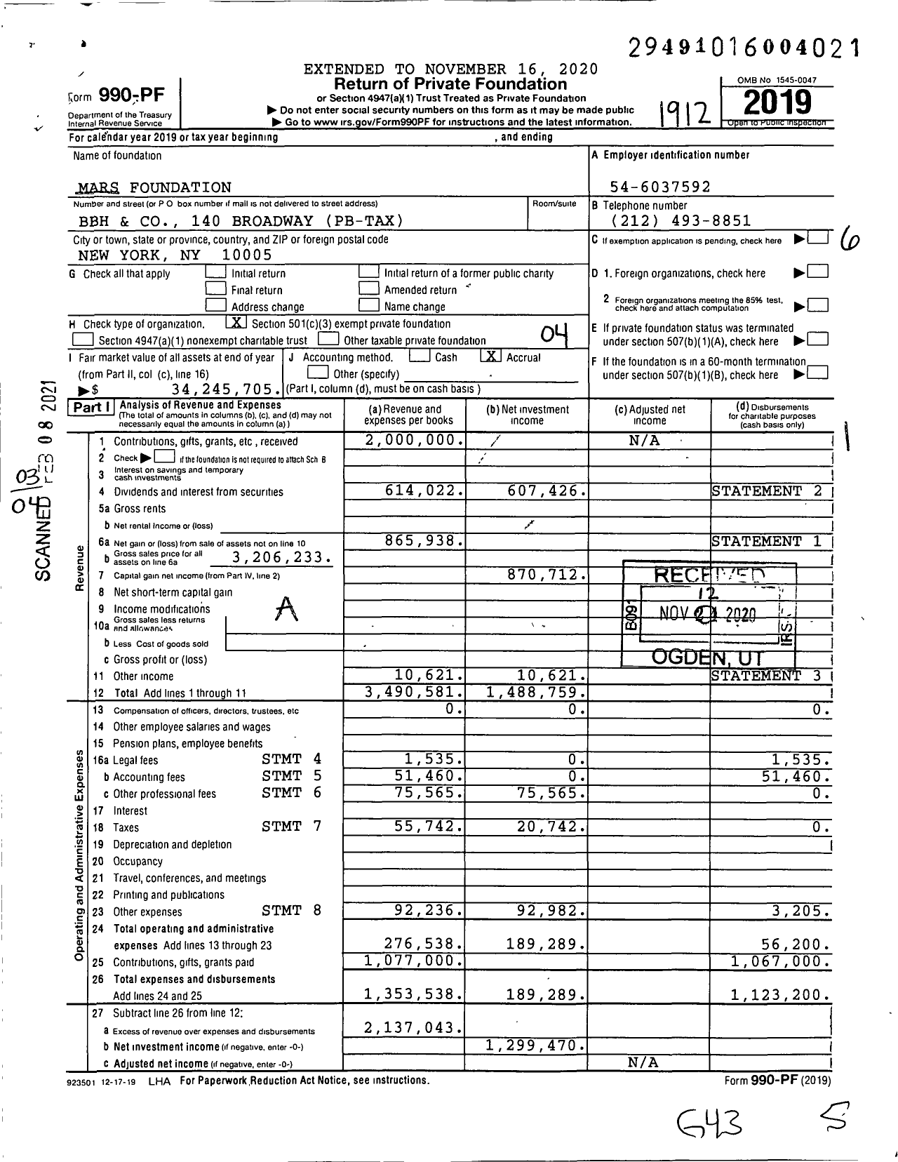 Image of first page of 2019 Form 990PF for Mars Foundation