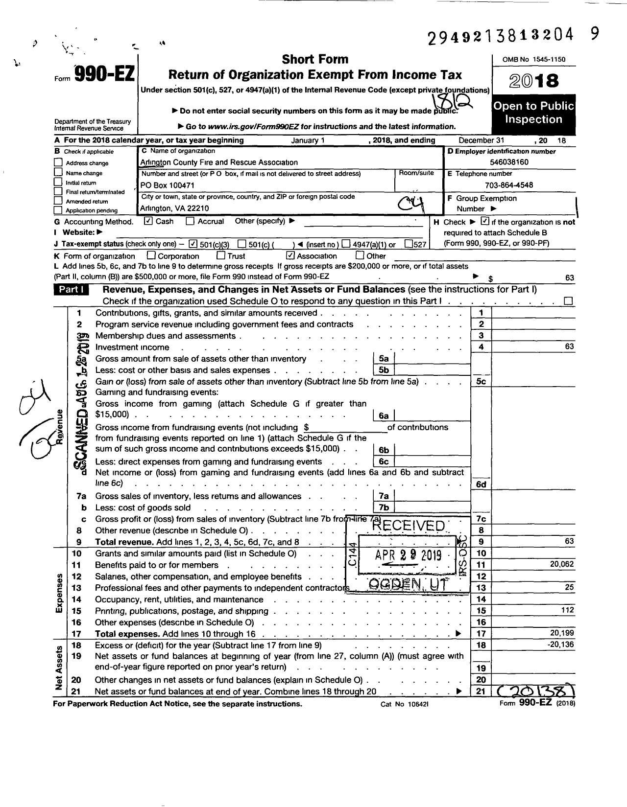 Image of first page of 2018 Form 990EO for Arlington County Firemens Association