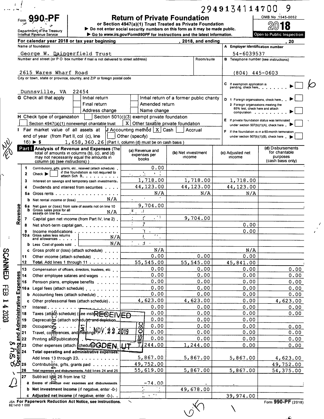 Image of first page of 2018 Form 990PF for George W Daingerfield Trust