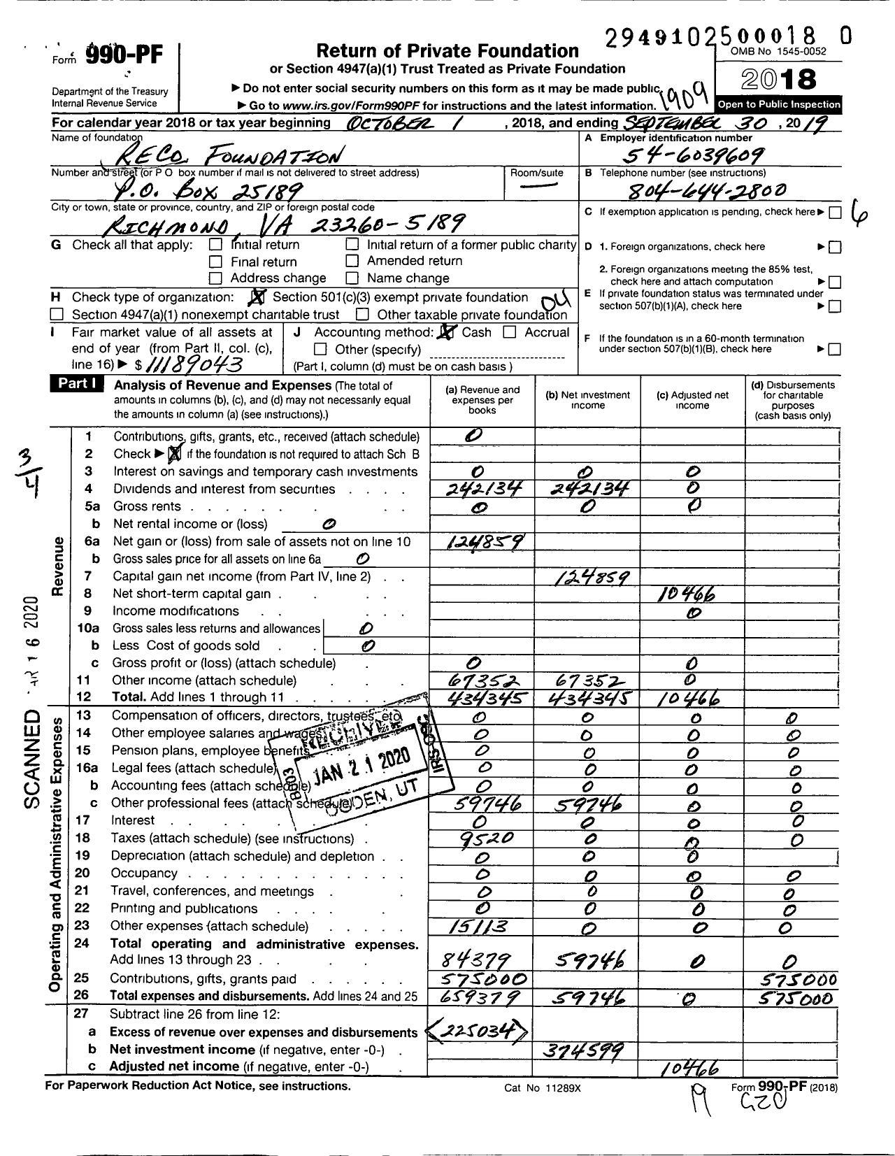 Image of first page of 2018 Form 990PR for Reco Foundation