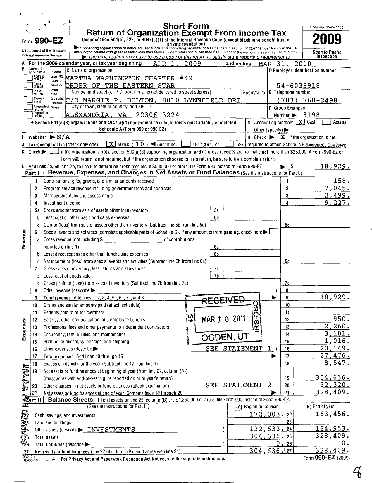 Image of first page of 2009 Form 990EO for Order of the Eastern Star Virginia - 42 Martha Washington Chapter