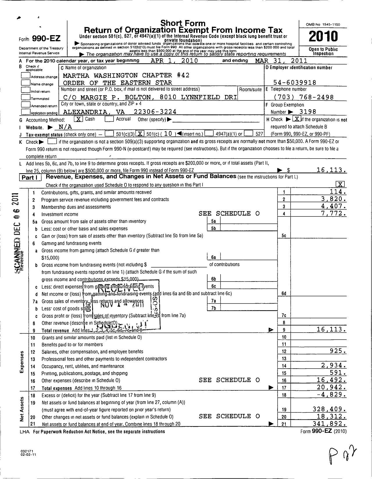 Image of first page of 2010 Form 990EO for Order of the Eastern Star Virginia - 42 Martha Washington Chapter