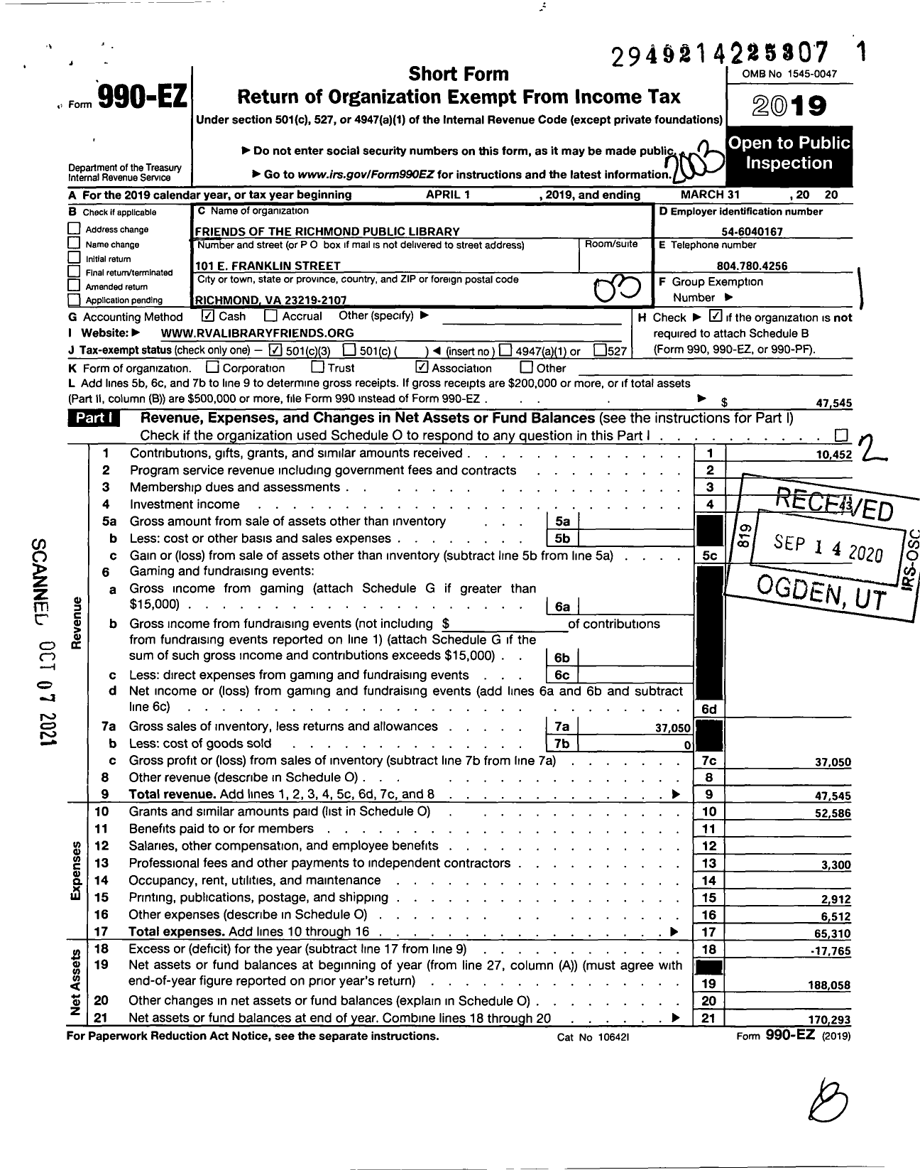 Image of first page of 2019 Form 990EZ for Friends of the Richmond Public Library