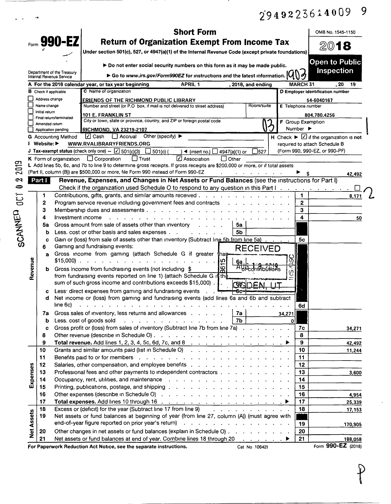 Image of first page of 2018 Form 990EZ for Friends of the Richmond Public Library