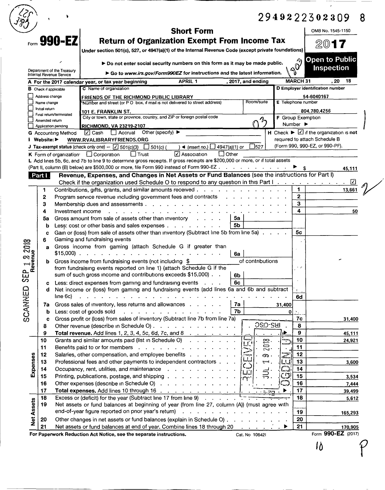 Image of first page of 2017 Form 990EZ for Friends of the Richmond Public Library