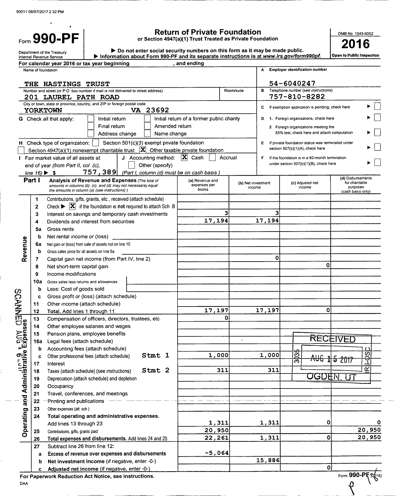 Image of first page of 2016 Form 990PF for The Hastings Trust