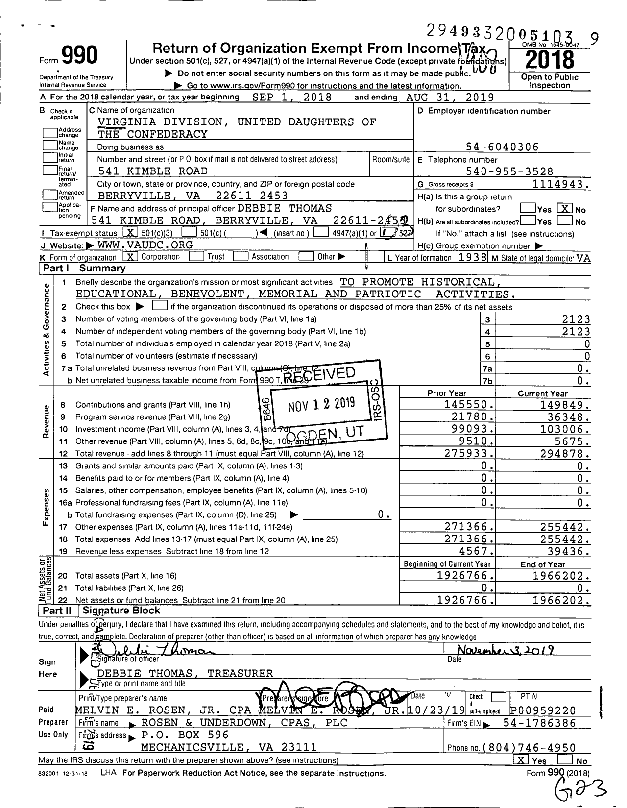 Image of first page of 2018 Form 990 for United Daughters of the Confederacy - Virginia Division