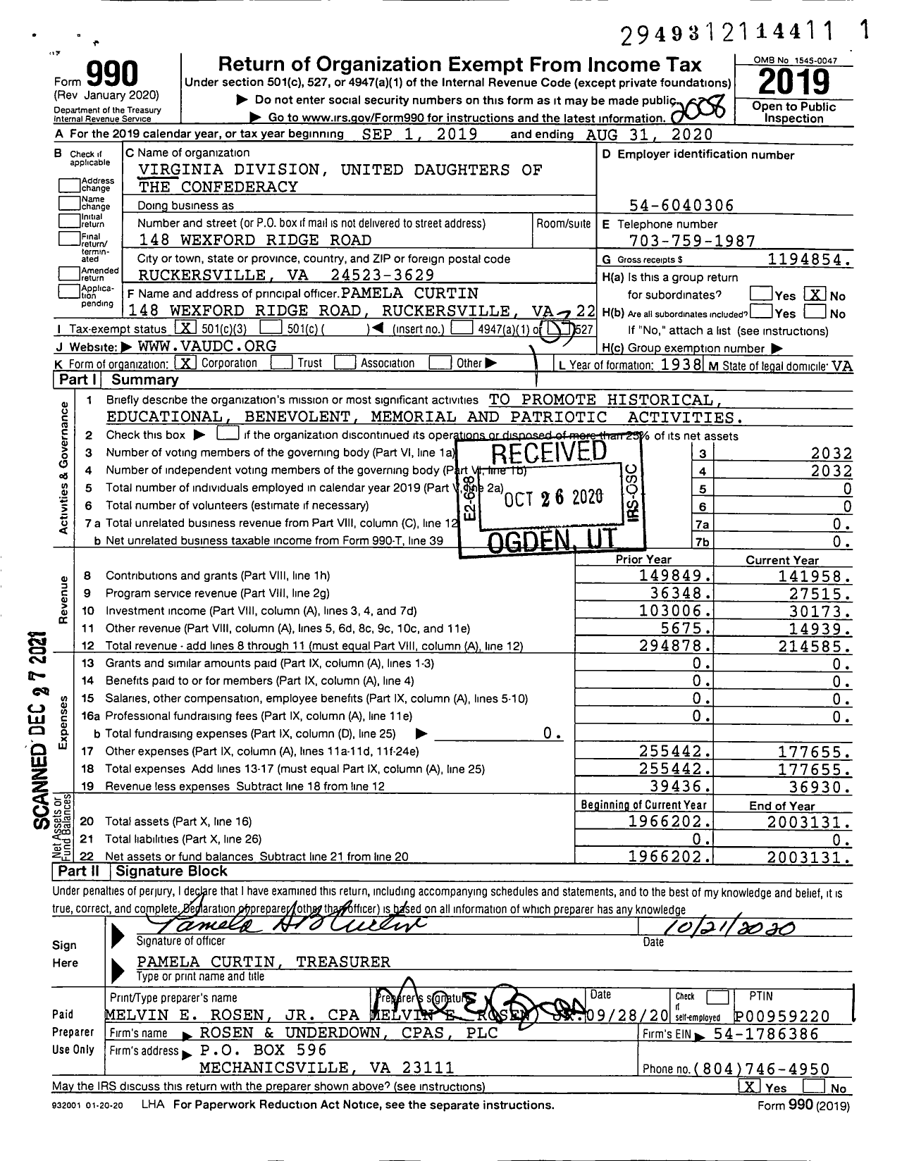 Image of first page of 2019 Form 990 for United Daughters of the Confederacy - Virginia Division