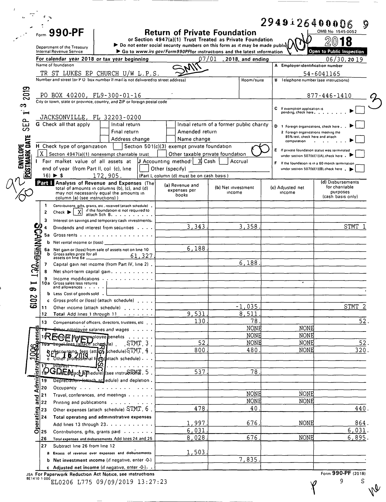 Image of first page of 2018 Form 990PF for TR St Lukes Ep Church Uw LPS