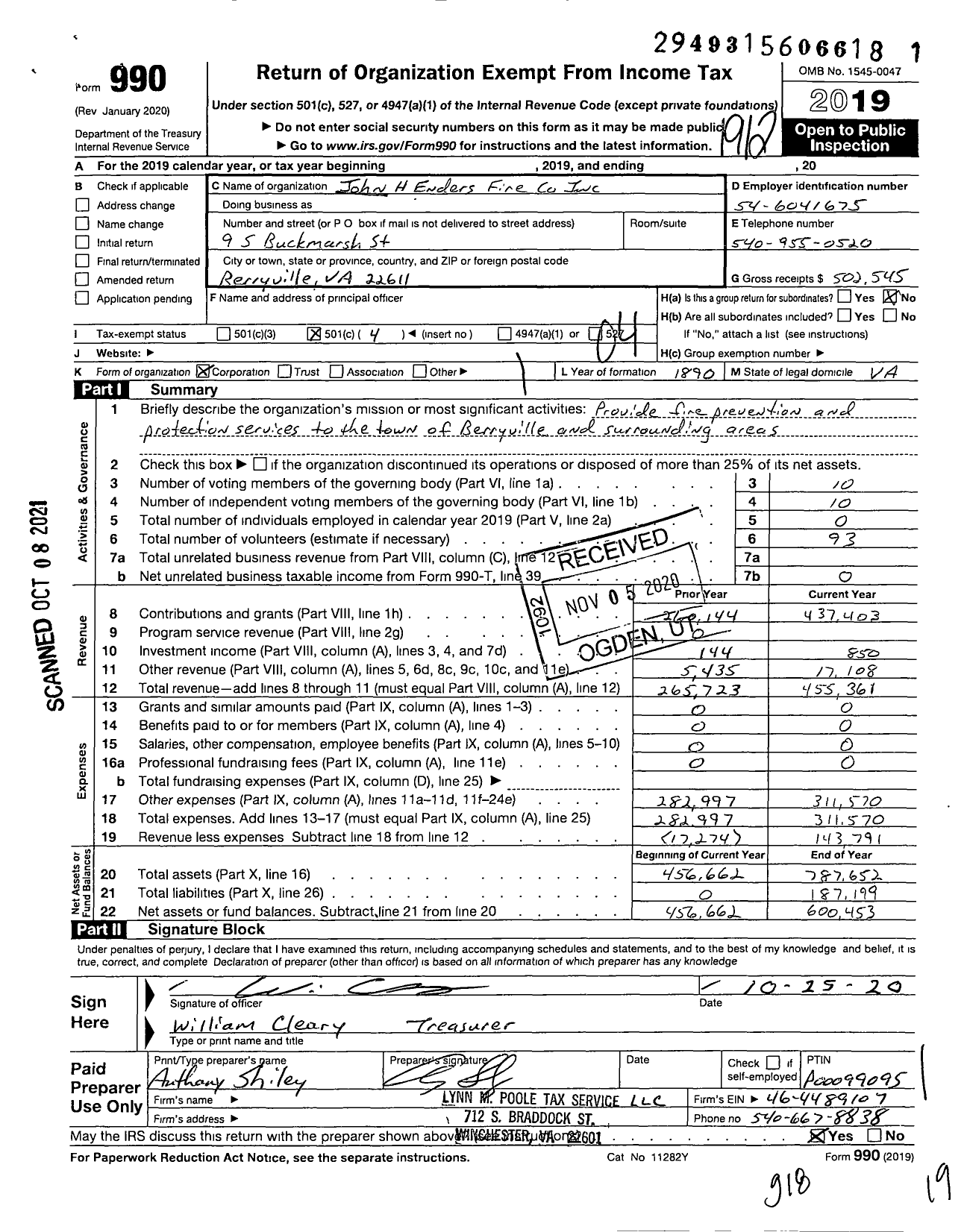 Image of first page of 2019 Form 990O for John H Enders Fire