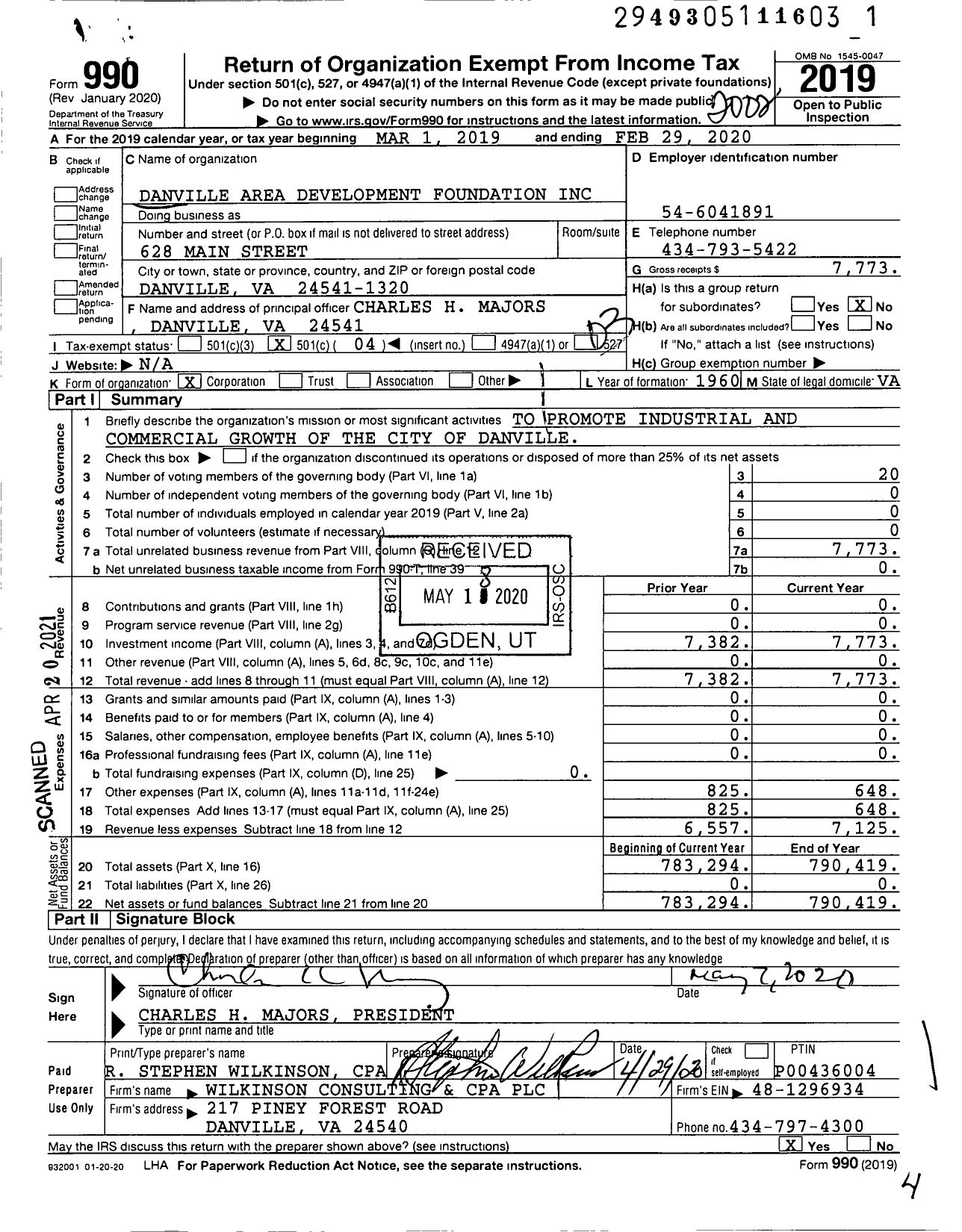 Image of first page of 2019 Form 990 for Danville Area Development Foundation