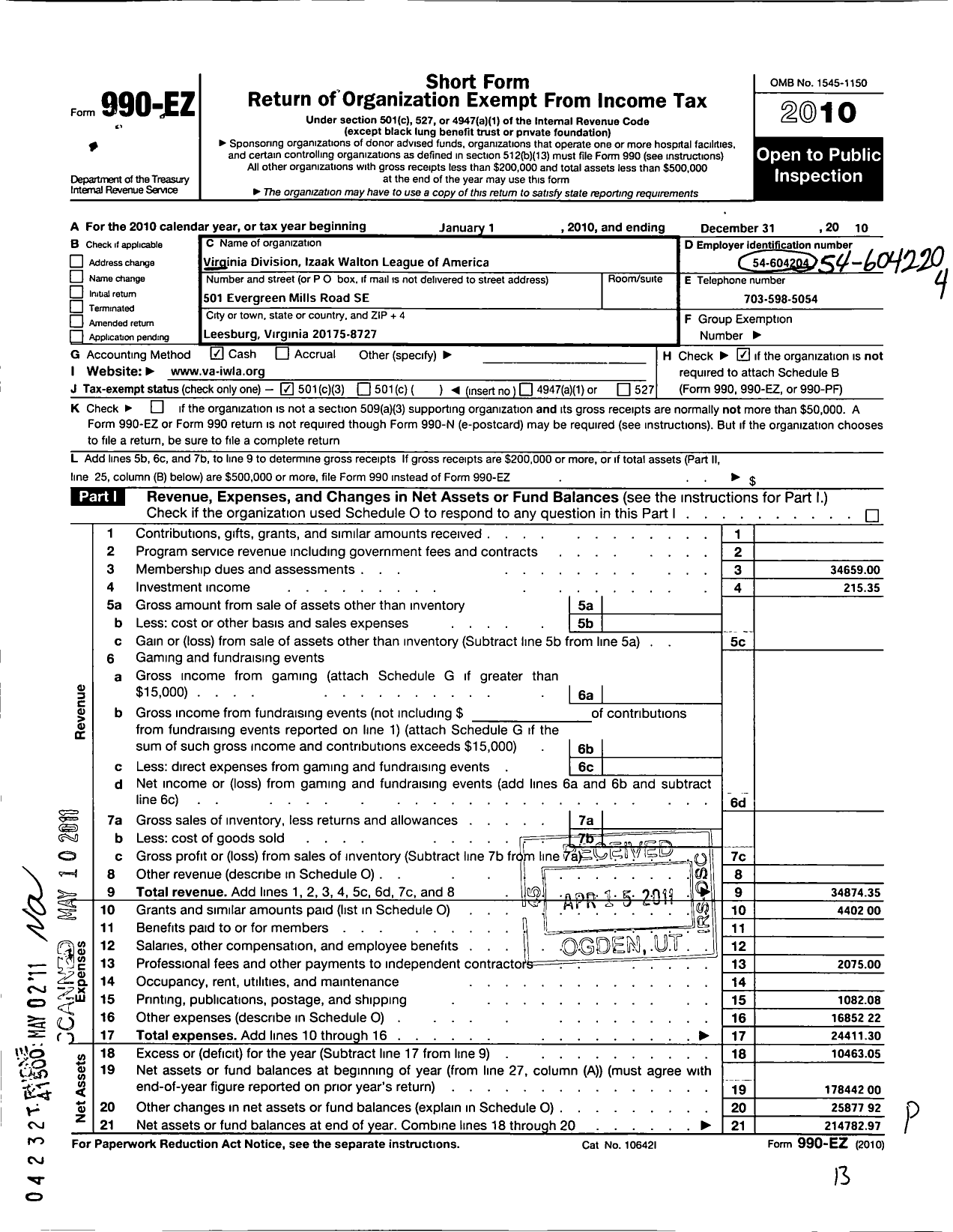 Image of first page of 2010 Form 990EZ for Va Division of the Izaac Walton League of America