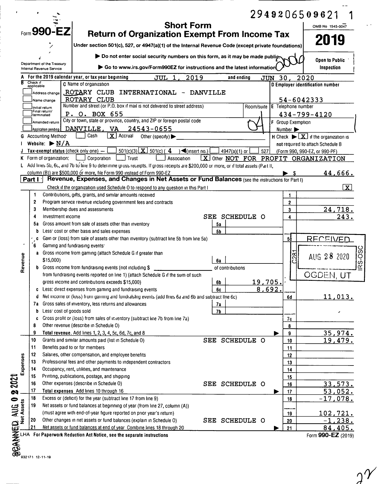 Image of first page of 2019 Form 990EO for Rotary International - Danville Rotary Club