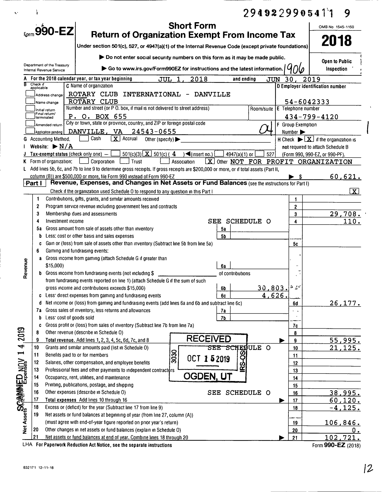 Image of first page of 2018 Form 990EO for Rotary International - Danville Rotary Club