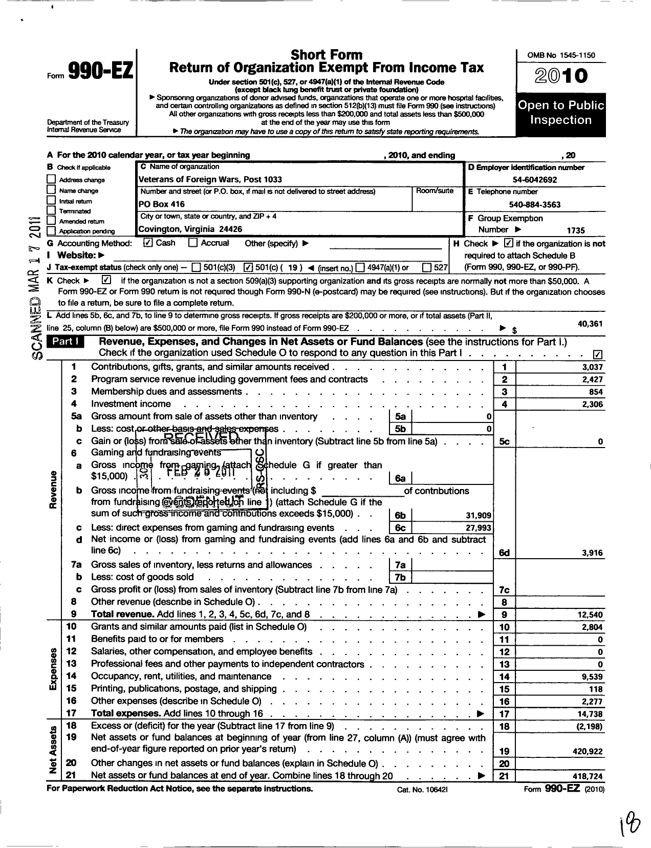 Image of first page of 2010 Form 990EO for VFW Virginia - 1033 Covington