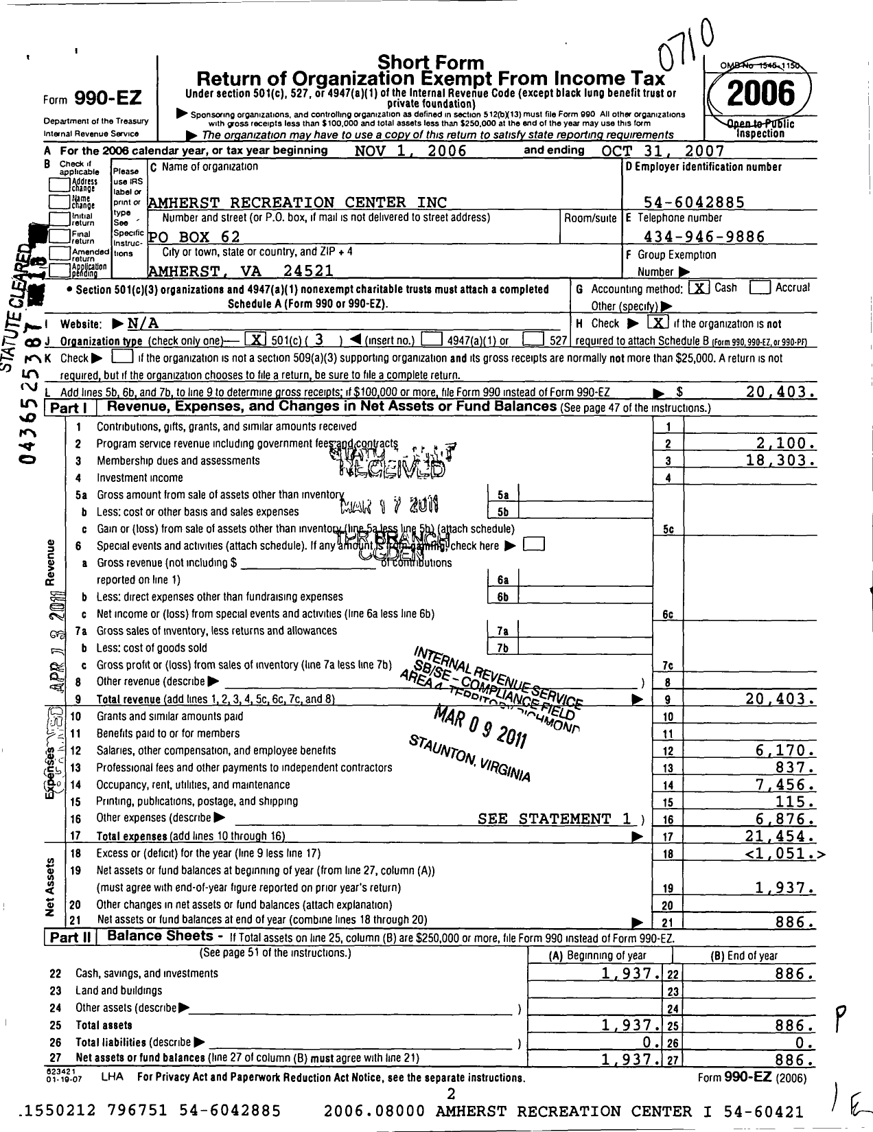 Image of first page of 2006 Form 990EZ for Amherst Recreation Center