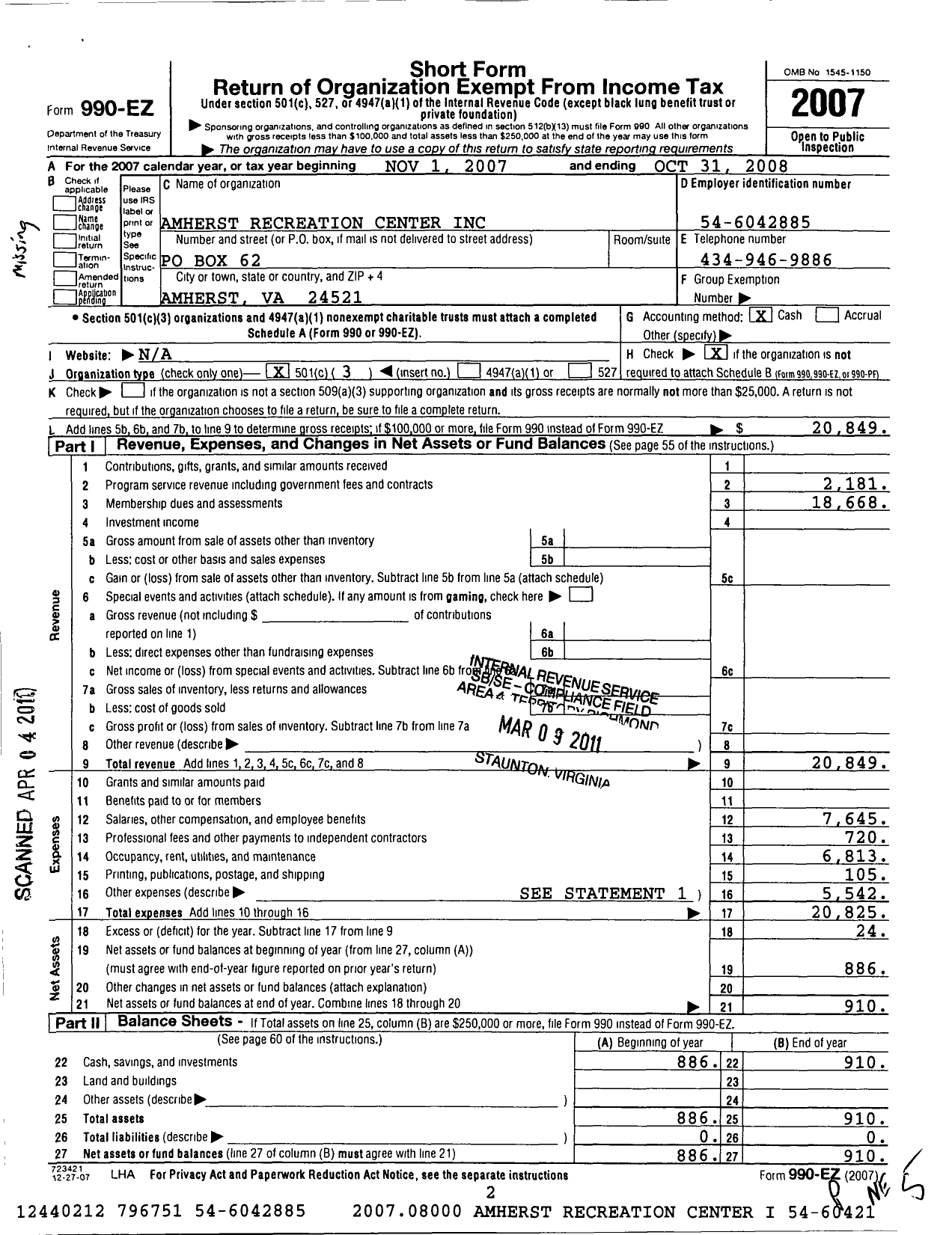 Image of first page of 2007 Form 990EZ for Amherst Recreation Center