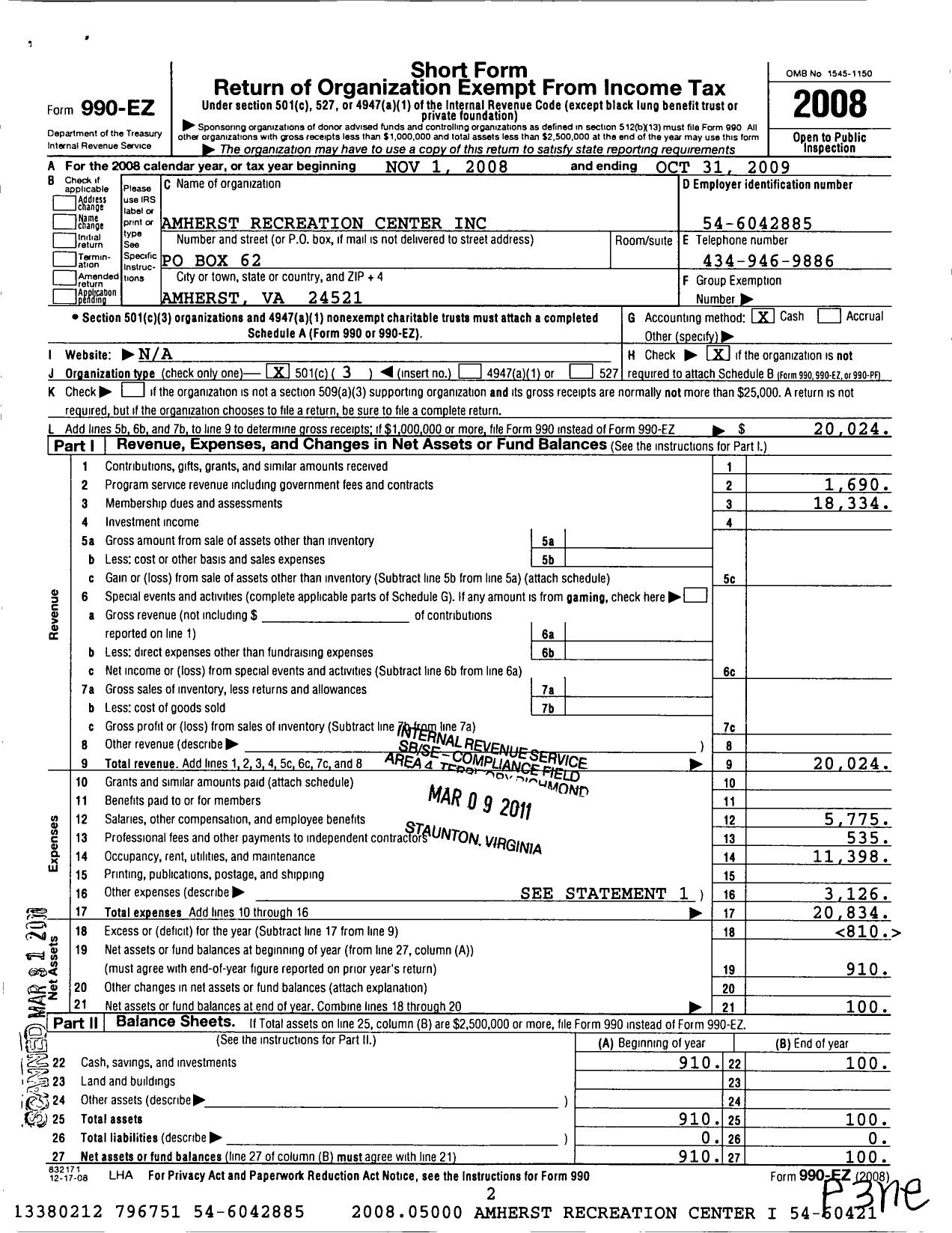 Image of first page of 2008 Form 990EZ for Amherst Recreation Center